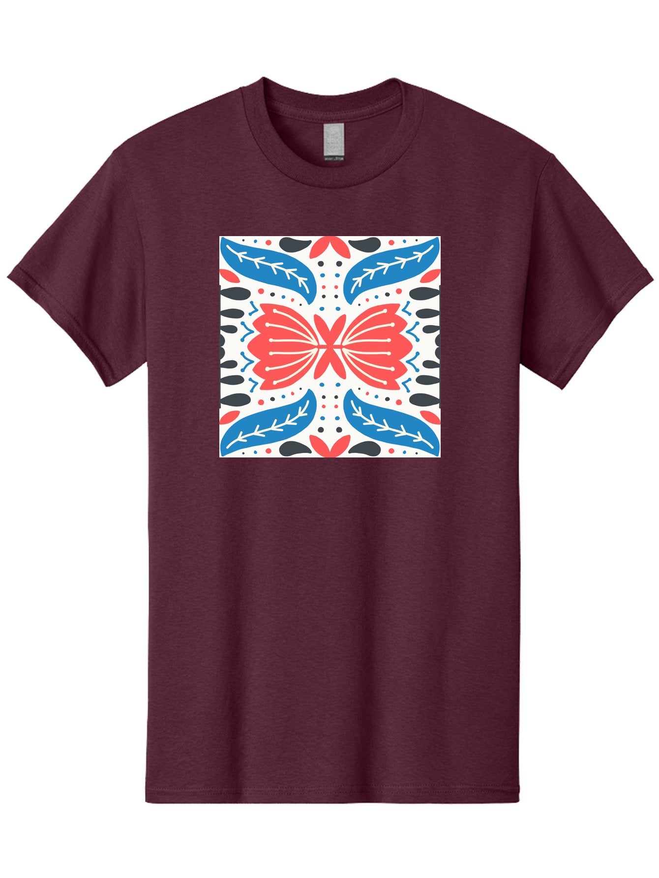 Butterfly-Pattern Men'S Graphic Tee, 100% Cotton, Comfortable Casual Summer Wear, Machine Washable, Butterfly, Floral Pattern, Red And Blue, Abstract Design, Symmetrical Shape, Graphic Illustration, Folk Art, Decorative Elements, Leaf Shapes Aab675 11
