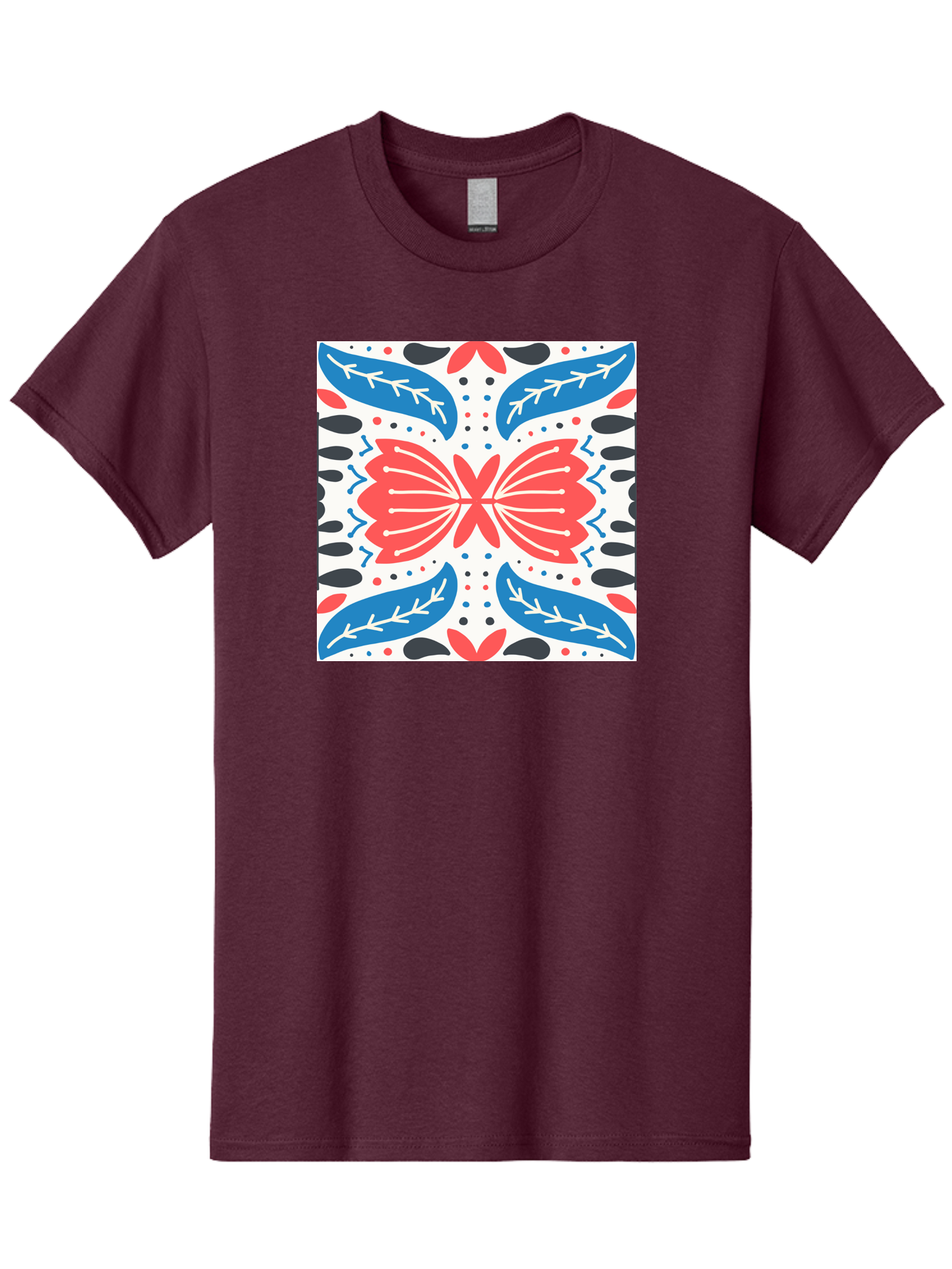 Butterfly-Pattern Men'S Graphic Tee, 100% Cotton, Comfortable Casual Summer Wear, Machine Washable, Butterfly, Floral Pattern, Red And Blue, Abstract Design, Symmetrical Shape, Graphic Illustration, Folk Art, Decorative Elements, Leaf Shapes Aab675 7