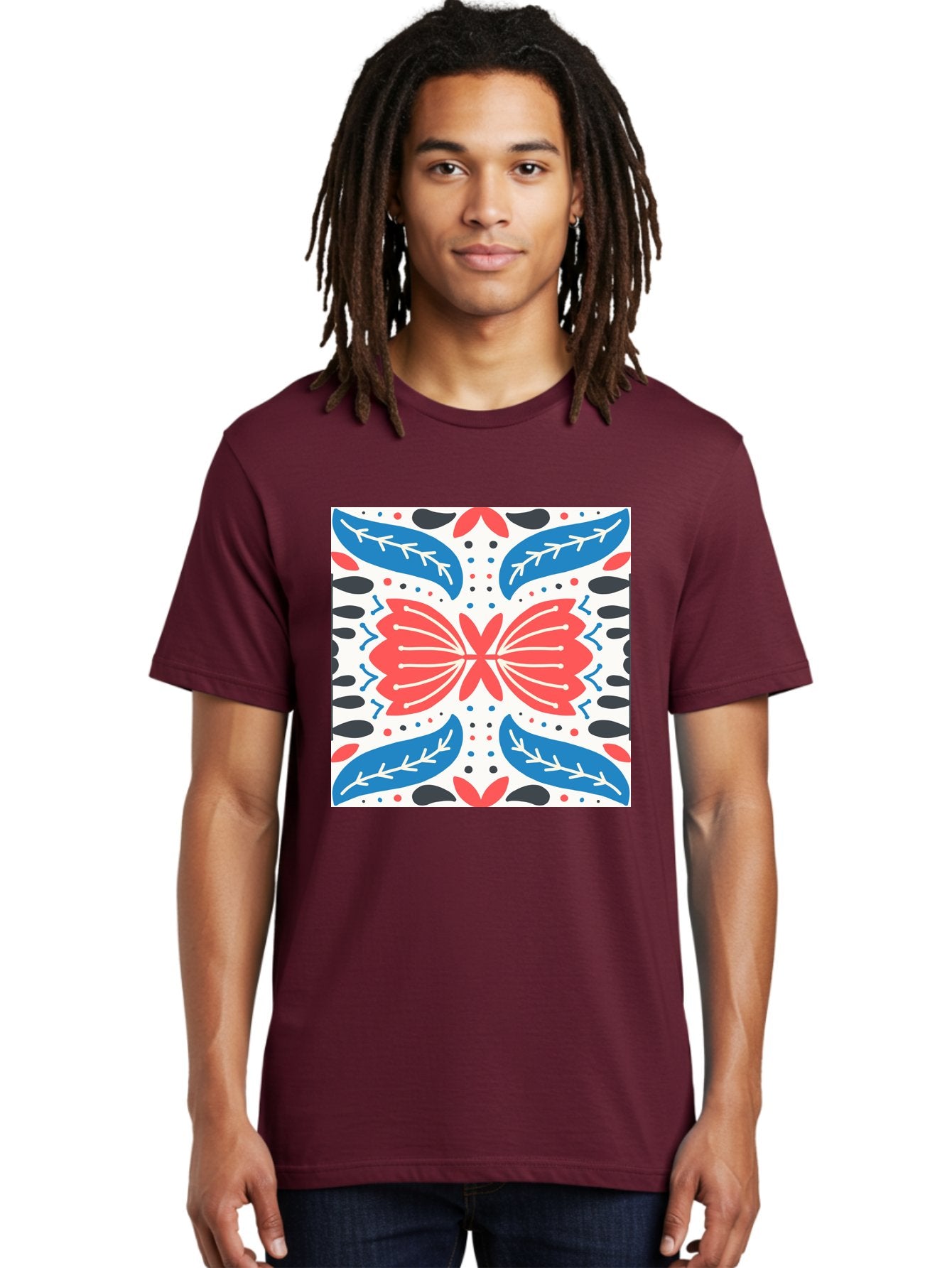 Butterfly-Pattern Men'S Graphic Tee, 100% Cotton, Comfortable Casual Summer Wear, Machine Washable, Butterfly, Floral Pattern, Red And Blue, Abstract Design, Symmetrical Shape, Graphic Illustration, Folk Art, Decorative Elements, Leaf Shapes Aab675 27