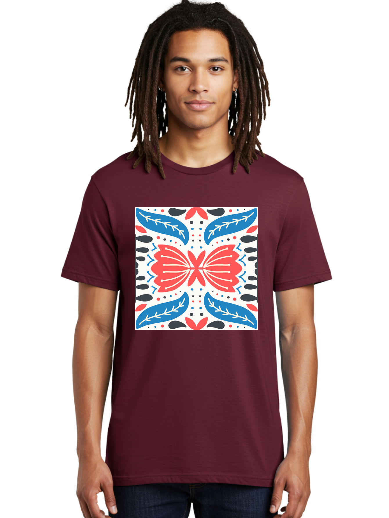 Butterfly-Pattern Men'S Graphic Tee, 100% Cotton, Comfortable Casual Summer Wear, Machine Washable, Butterfly, Floral Pattern, Red And Blue, Abstract Design, Symmetrical Shape, Graphic Illustration, Folk Art, Decorative Elements, Leaf Shapes Aab675 8