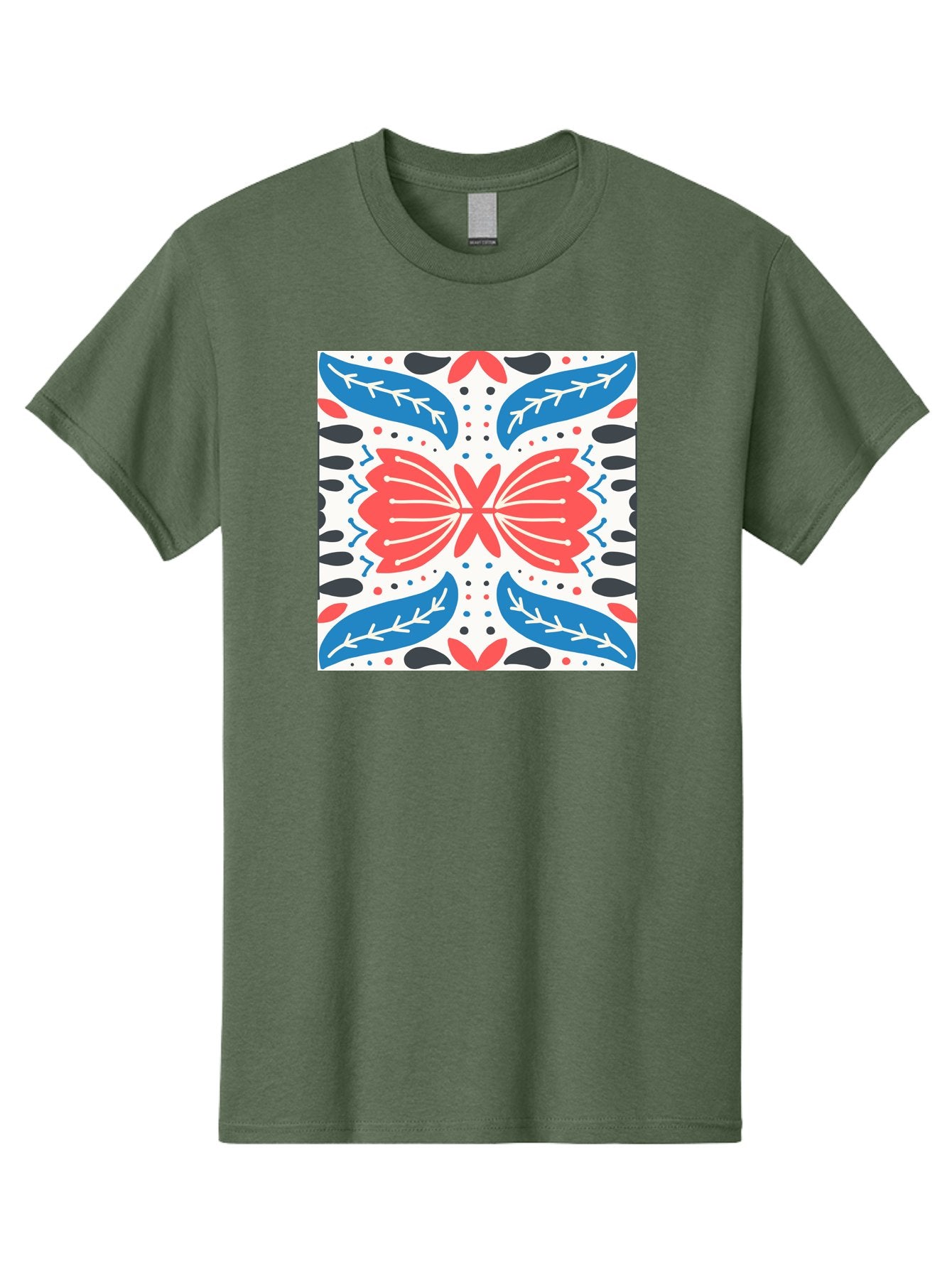 Butterfly-Pattern Men'S Graphic Tee, 100% Cotton, Comfortable Casual Summer Wear, Machine Washable, Butterfly, Floral Pattern, Red And Blue, Abstract Design, Symmetrical Shape, Graphic Illustration, Folk Art, Decorative Elements, Leaf Shapes Aab675 3
