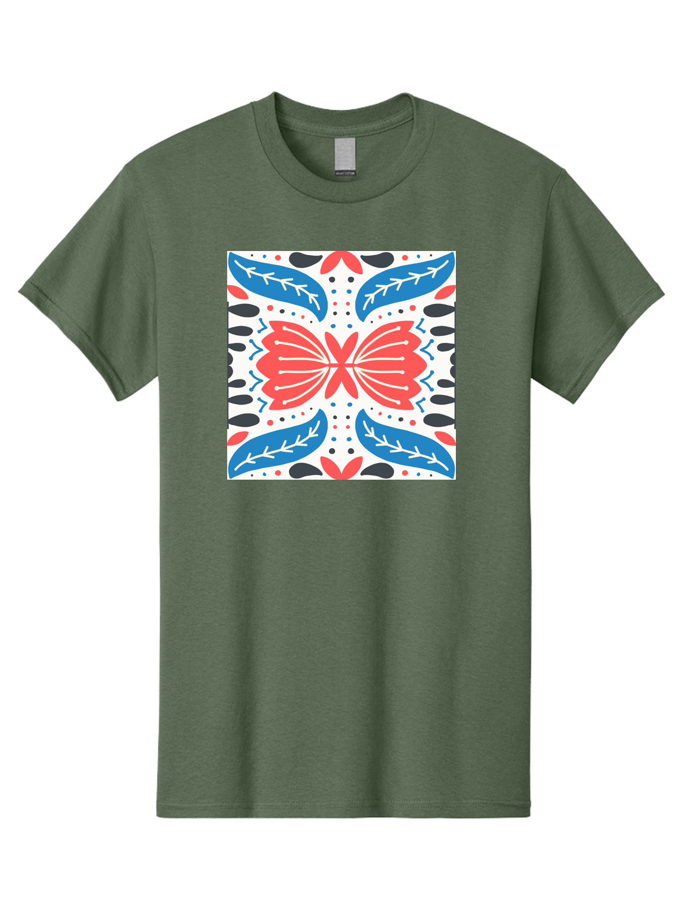 Butterfly-Pattern Men'S Graphic Tee, 100% Cotton, Comfortable Casual Summer Wear, Machine Washable, Butterfly, Floral Pattern, Red And Blue, Abstract Design, Symmetrical Shape, Graphic Illustration, Folk Art, Decorative Elements, Leaf Shapes Aab675 17