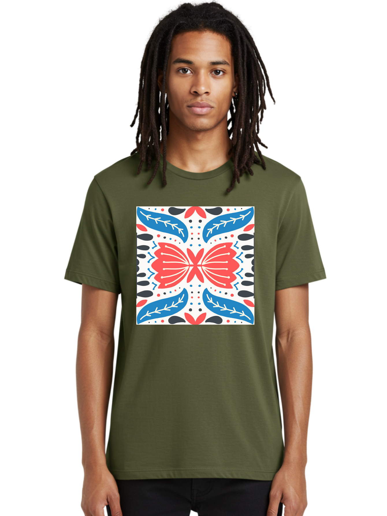 Butterfly-Pattern Men'S Graphic Tee, 100% Cotton, Comfortable Casual Summer Wear, Machine Washable, Butterfly, Floral Pattern, Red And Blue, Abstract Design, Symmetrical Shape, Graphic Illustration, Folk Art, Decorative Elements, Leaf Shapes Aab675 18