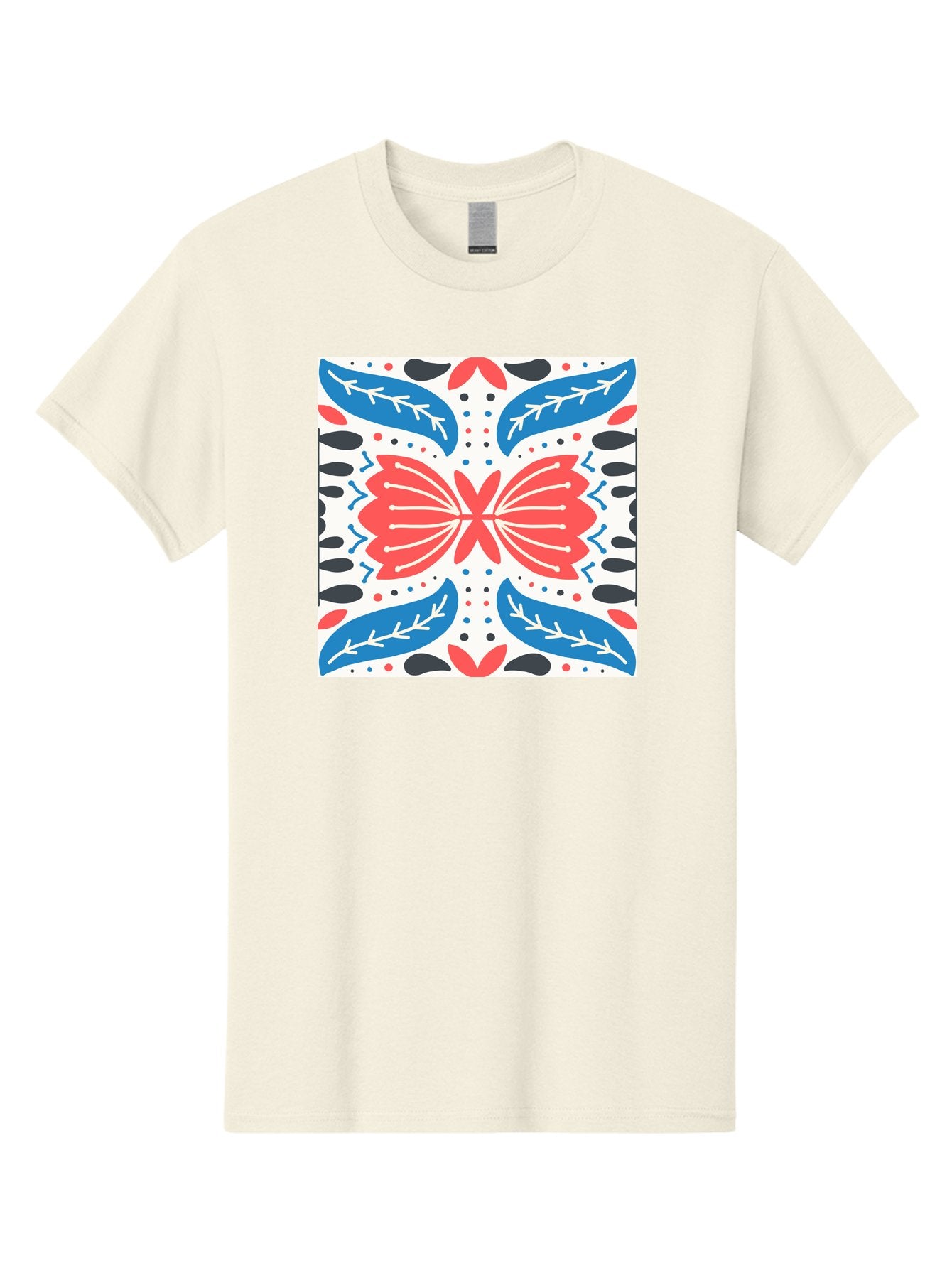 Butterfly-Pattern Men'S Graphic Tee, 100% Cotton, Comfortable Casual Summer Wear, Machine Washable, Butterfly, Floral Pattern, Red And Blue, Abstract Design, Symmetrical Shape, Graphic Illustration, Folk Art, Decorative Elements, Leaf Shapes Aab675 14