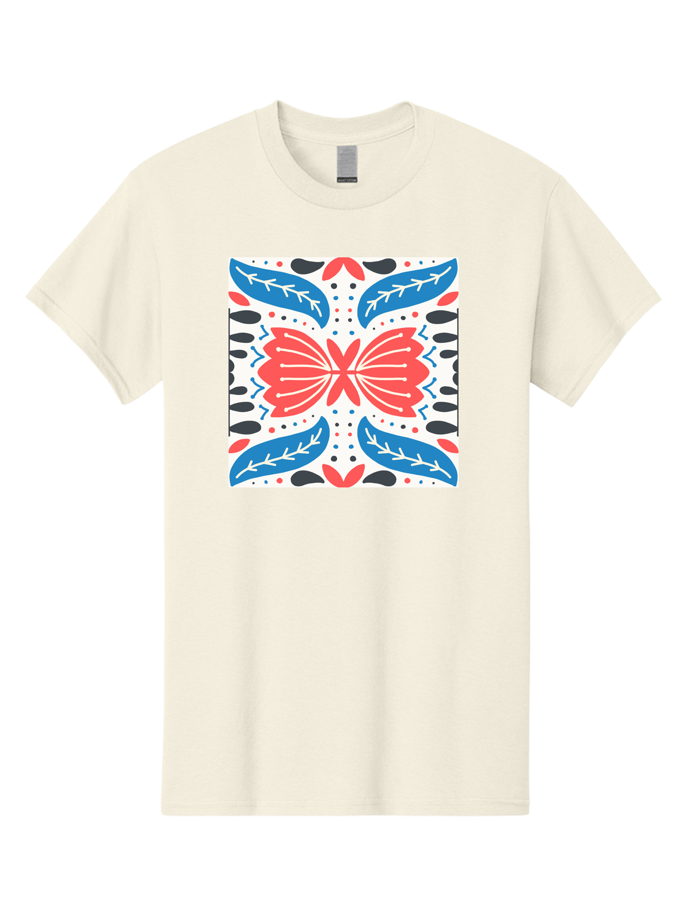 Butterfly-Pattern Men'S Graphic Tee, 100% Cotton, Comfortable Casual Summer Wear, Machine Washable, Butterfly, Floral Pattern, Red And Blue, Abstract Design, Symmetrical Shape, Graphic Illustration, Folk Art, Decorative Elements, Leaf Shapes Aab675 3
