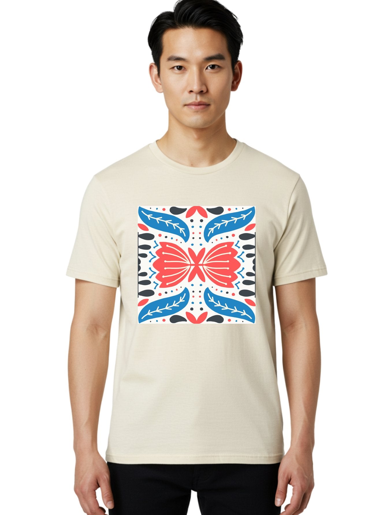 Butterfly-Pattern Men'S Graphic Tee, 100% Cotton, Comfortable Casual Summer Wear, Machine Washable, Butterfly, Floral Pattern, Red And Blue, Abstract Design, Symmetrical Shape, Graphic Illustration, Folk Art, Decorative Elements, Leaf Shapes Aab675 29
