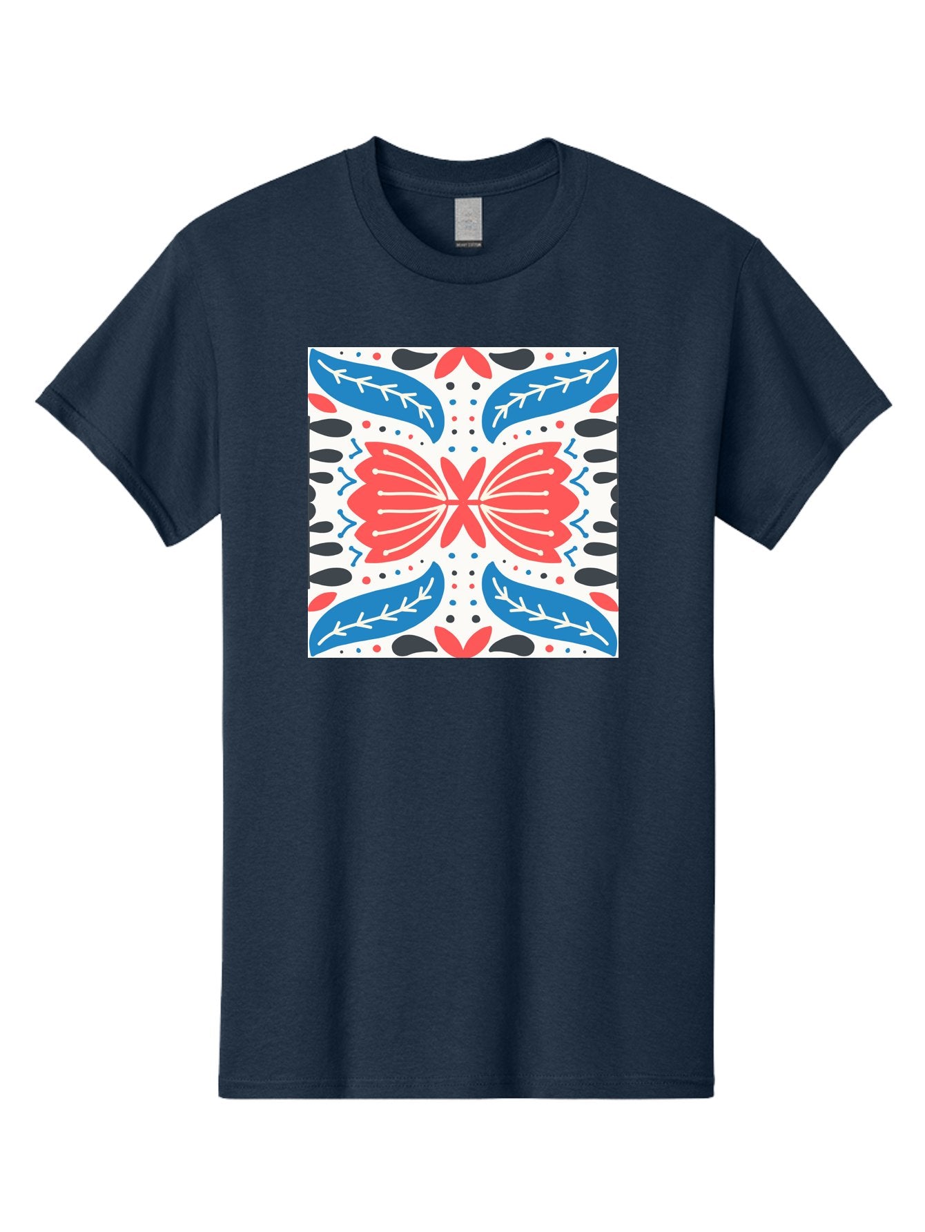 Butterfly-Pattern Men'S Graphic Tee, 100% Cotton, Comfortable Casual Summer Wear, Machine Washable, Butterfly, Floral Pattern, Red And Blue, Abstract Design, Symmetrical Shape, Graphic Illustration, Folk Art, Decorative Elements, Leaf Shapes Aab675