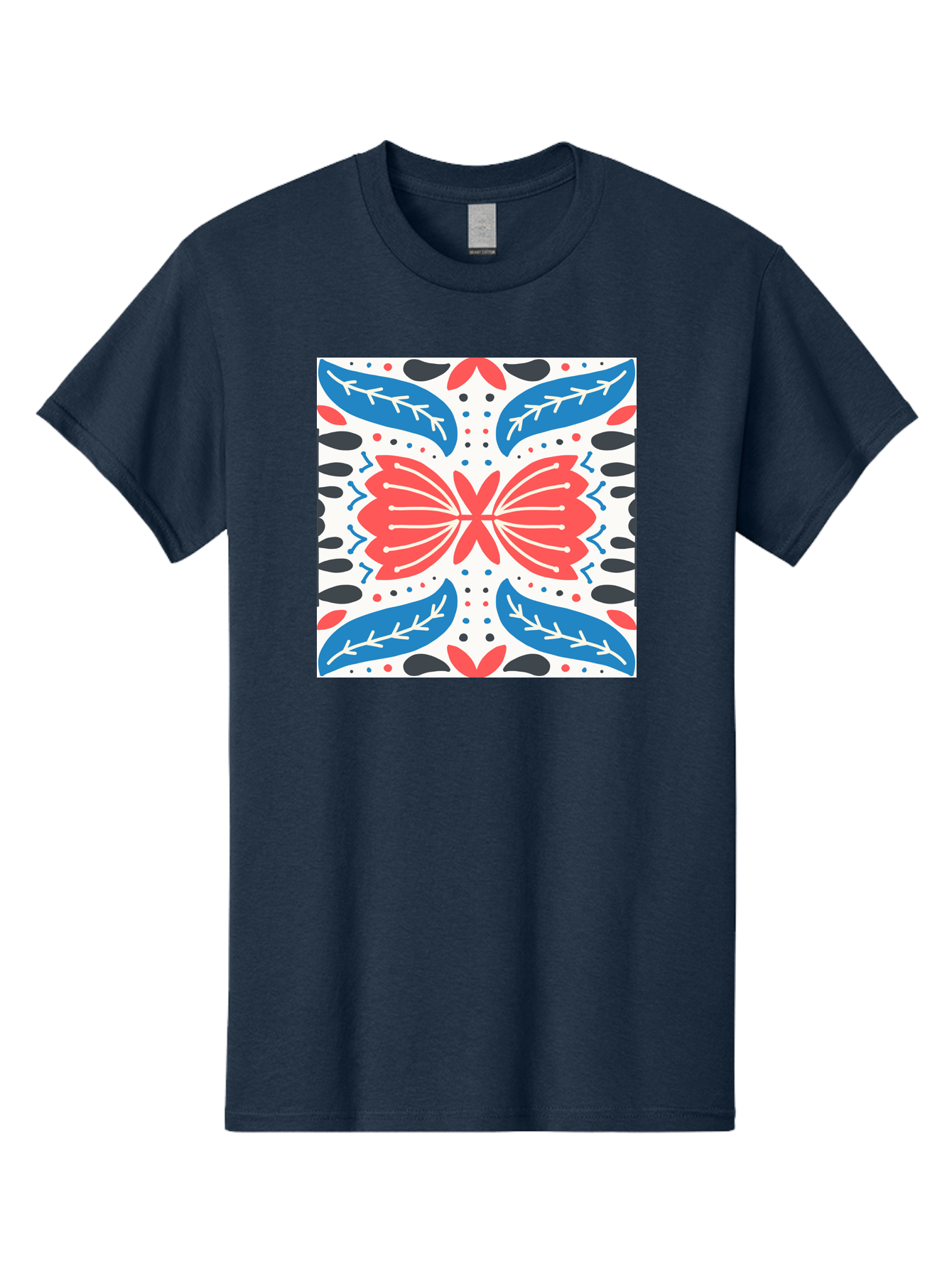 Butterfly-Pattern Men'S Graphic Tee, 100% Cotton, Comfortable Casual Summer Wear, Machine Washable, Butterfly, Floral Pattern, Red And Blue, Abstract Design, Symmetrical Shape, Graphic Illustration, Folk Art, Decorative Elements, Leaf Shapes Aab675 19