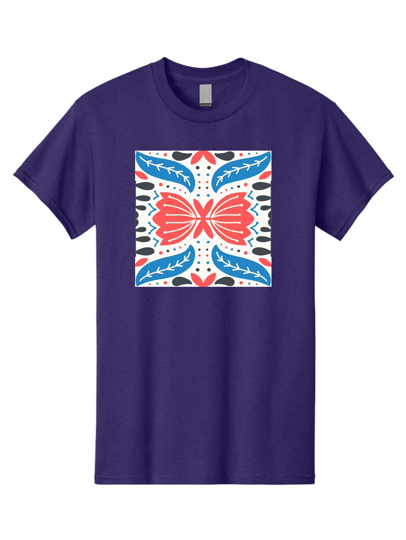 Butterfly-Pattern Men'S Graphic Tee, 100% Cotton, Comfortable Casual Summer Wear, Machine Washable, Butterfly, Floral Pattern, Red And Blue, Abstract Design, Symmetrical Shape, Graphic Illustration, Folk Art, Decorative Elements, Leaf Shapes Aab675 23