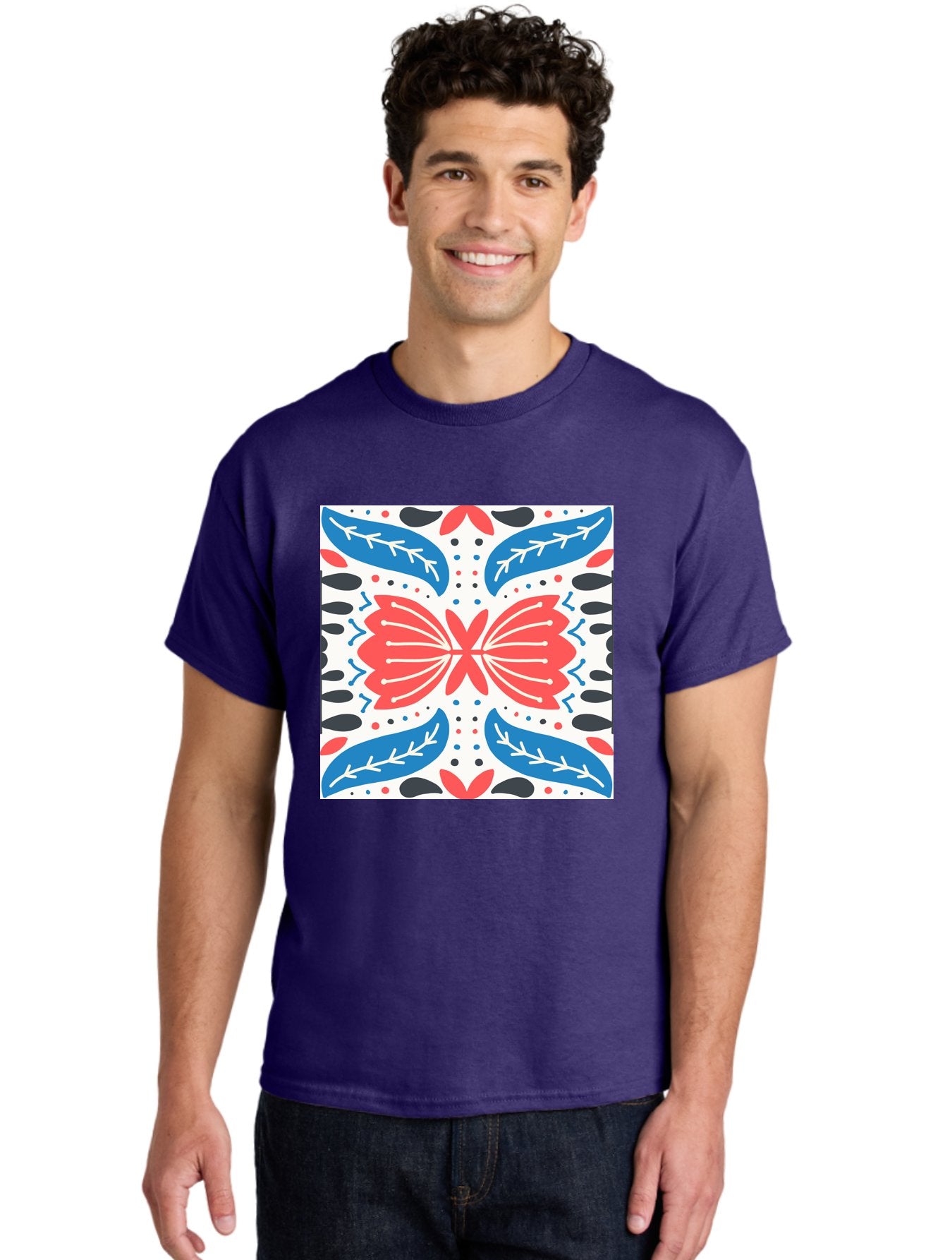 Butterfly-Pattern Men'S Graphic Tee, 100% Cotton, Comfortable Casual Summer Wear, Machine Washable, Butterfly, Floral Pattern, Red And Blue, Abstract Design, Symmetrical Shape, Graphic Illustration, Folk Art, Decorative Elements, Leaf Shapes Aab675 18