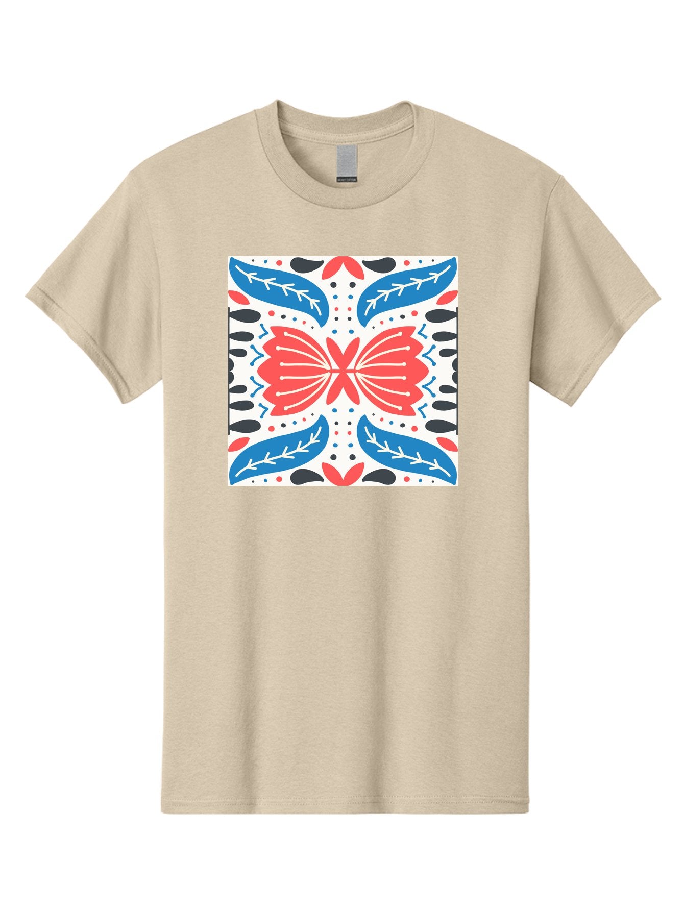 Butterfly-Pattern Men'S Graphic Tee, 100% Cotton, Comfortable Casual Summer Wear, Machine Washable, Butterfly, Floral Pattern, Red And Blue, Abstract Design, Symmetrical Shape, Graphic Illustration, Folk Art, Decorative Elements, Leaf Shapes Aab675 10