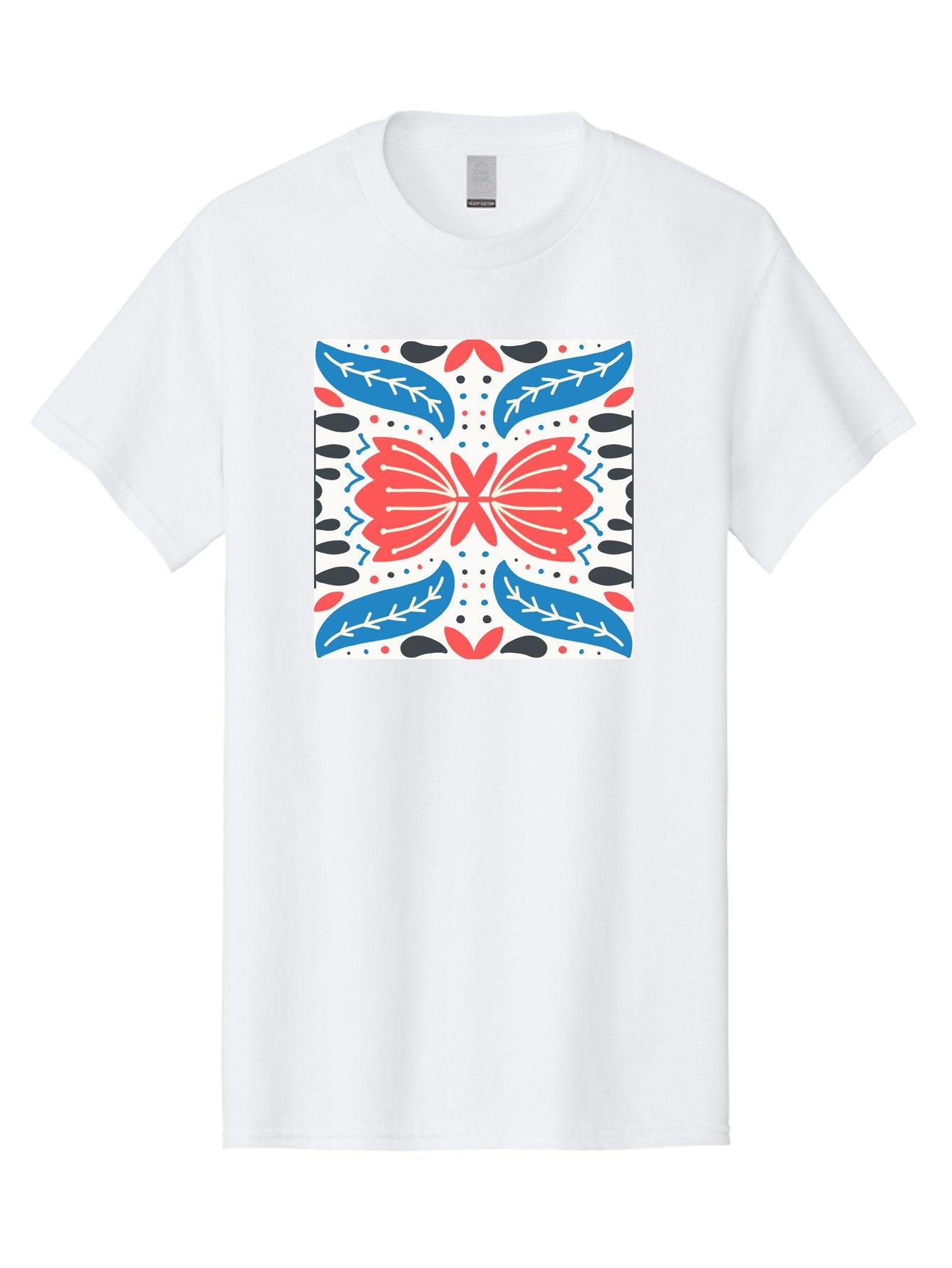 Butterfly-Pattern Men'S Graphic Tee, 100% Cotton, Comfortable Casual Summer Wear, Machine Washable, Butterfly, Floral Pattern, Red And Blue, Abstract Design, Symmetrical Shape, Graphic Illustration, Folk Art, Decorative Elements, Leaf Shapes Aab675 12