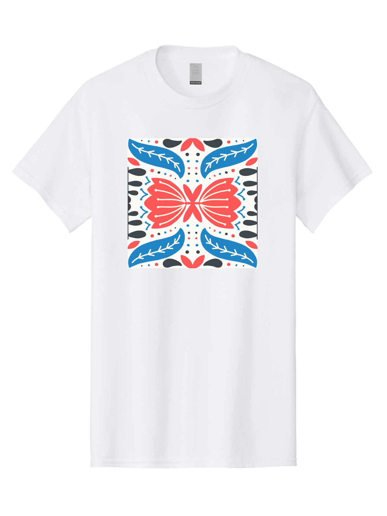 Butterfly-Pattern Men'S Graphic Tee, 100% Cotton, Comfortable Casual Summer Wear, Machine Washable, Butterfly, Floral Pattern, Red And Blue, Abstract Design, Symmetrical Shape, Graphic Illustration, Folk Art, Decorative Elements, Leaf Shapes Aab675 5