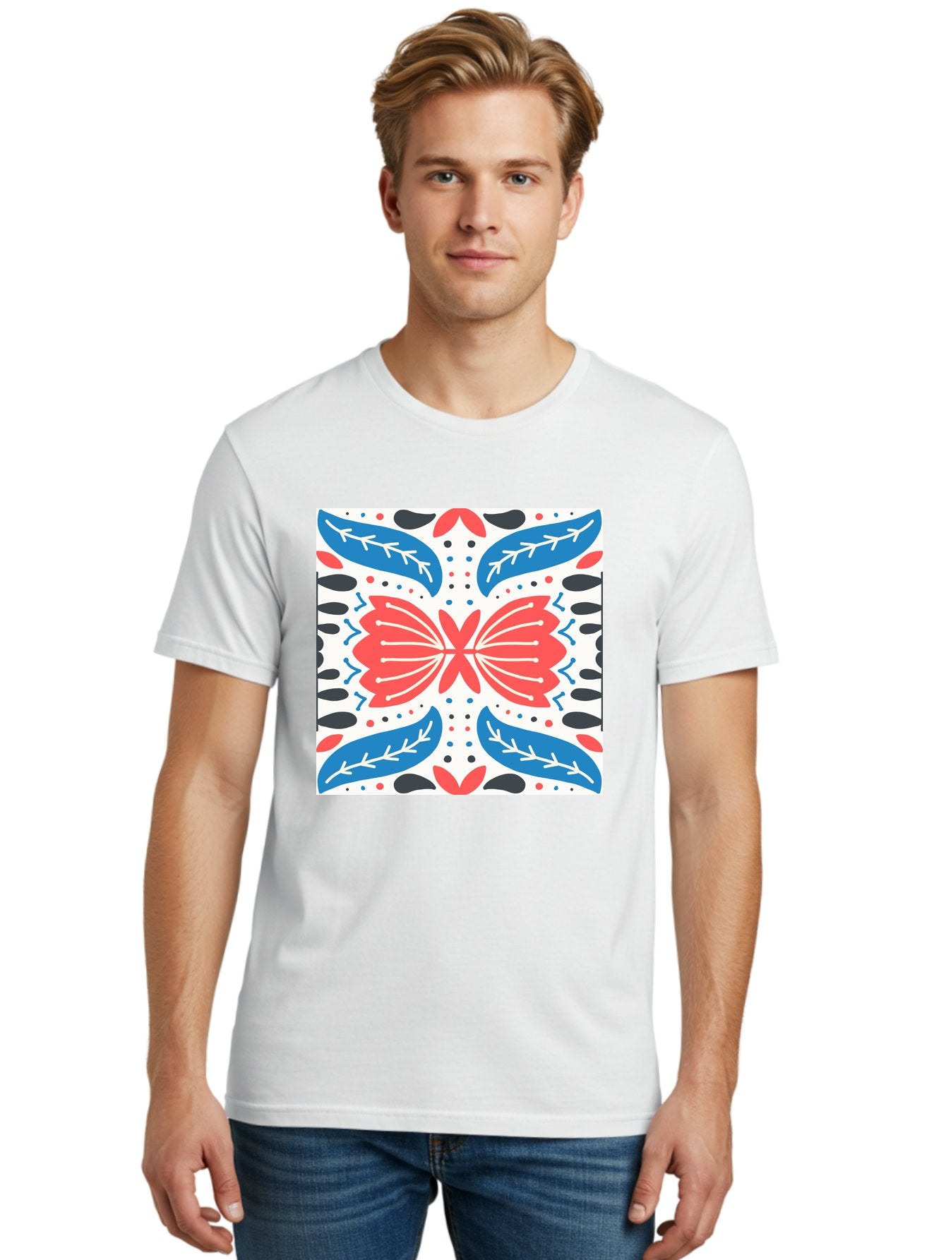 Butterfly-Pattern Men'S Graphic Tee, 100% Cotton, Comfortable Casual Summer Wear, Machine Washable, Butterfly, Floral Pattern, Red And Blue, Abstract Design, Symmetrical Shape, Graphic Illustration, Folk Art, Decorative Elements, Leaf Shapes Aab675 28