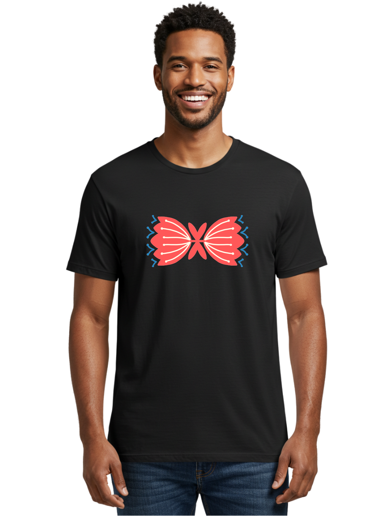 Butterfly Men'S Graphic Tee, 100% Cotton, Comfortable Casual Summer Wear, Machine Washable, Pink Butterfly, Symmetrical Design, White Lines, Blue Zigzags, Abstract Art, Colorful Graphics, Modern Illustration, Decorative Wings Aab676 10