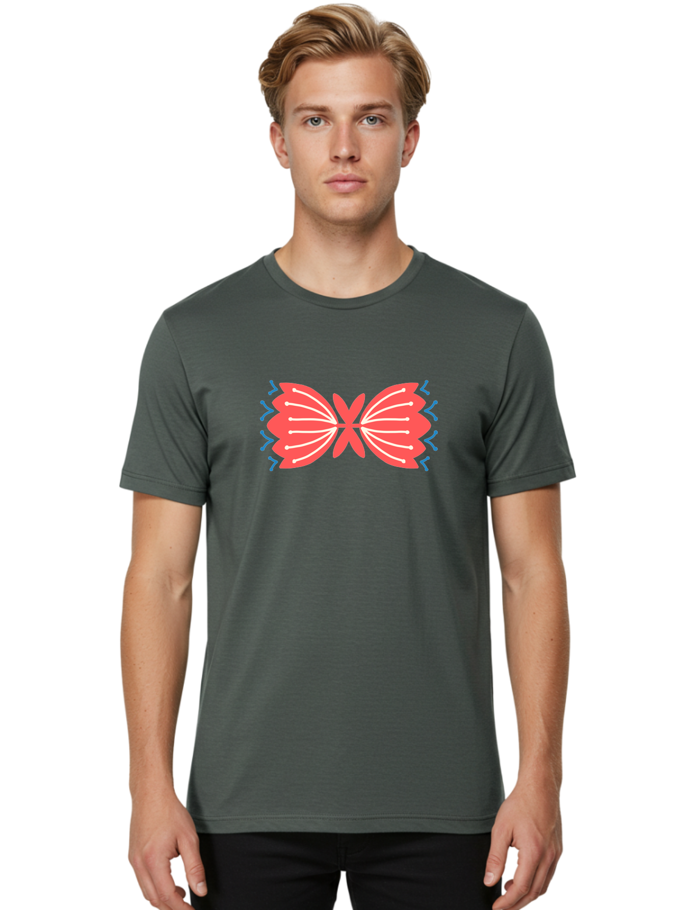 Butterfly Men'S Graphic Tee, 100% Cotton, Comfortable Casual Summer Wear, Machine Washable, Pink Butterfly, Symmetrical Design, White Lines, Blue Zigzags, Abstract Art, Colorful Graphics, Modern Illustration, Decorative Wings Aab676 4