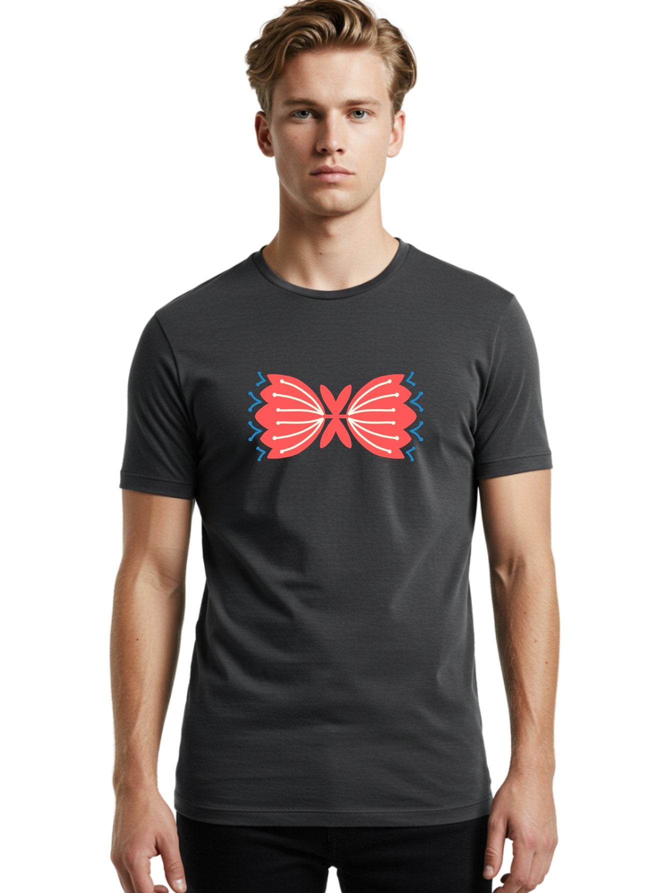 Butterfly Men'S Graphic Tee, 100% Cotton, Comfortable Casual Summer Wear, Machine Washable, Pink Butterfly, Symmetrical Design, White Lines, Blue Zigzags, Abstract Art, Colorful Graphics, Modern Illustration, Decorative Wings Aab676 23