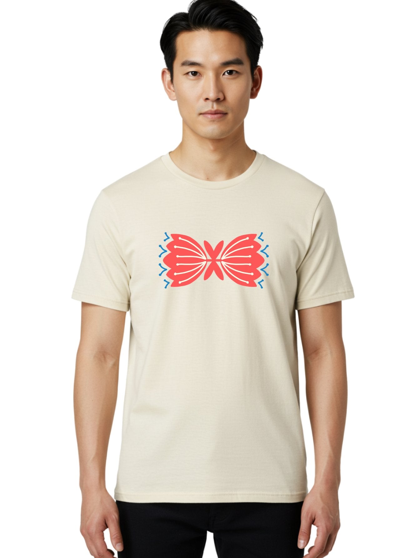 Butterfly Men'S Graphic Tee, 100% Cotton, Comfortable Casual Summer Wear, Machine Washable, Pink Butterfly, Symmetrical Design, White Lines, Blue Zigzags, Abstract Art, Colorful Graphics, Modern Illustration, Decorative Wings Aab676 20