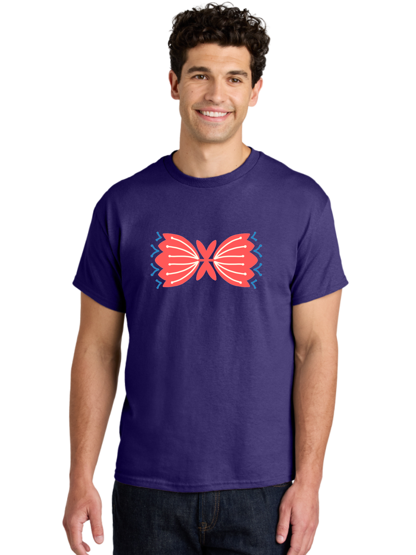 Butterfly Men'S Graphic Tee, 100% Cotton, Comfortable Casual Summer Wear, Machine Washable, Pink Butterfly, Symmetrical Design, White Lines, Blue Zigzags, Abstract Art, Colorful Graphics, Modern Illustration, Decorative Wings Aab676 6