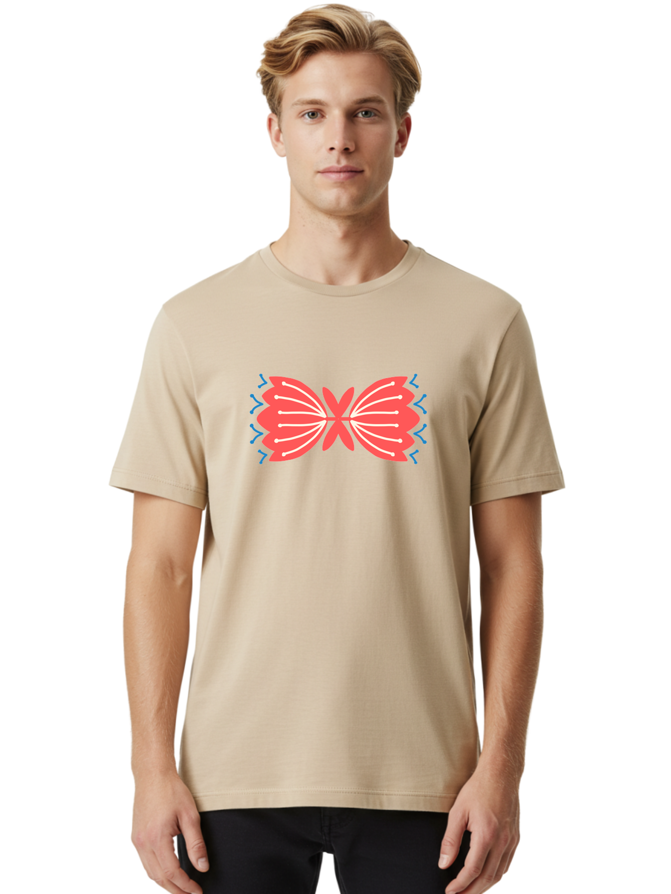 Butterfly Men'S Graphic Tee, 100% Cotton, Comfortable Casual Summer Wear, Machine Washable, Pink Butterfly, Symmetrical Design, White Lines, Blue Zigzags, Abstract Art, Colorful Graphics, Modern Illustration, Decorative Wings Aab676 12