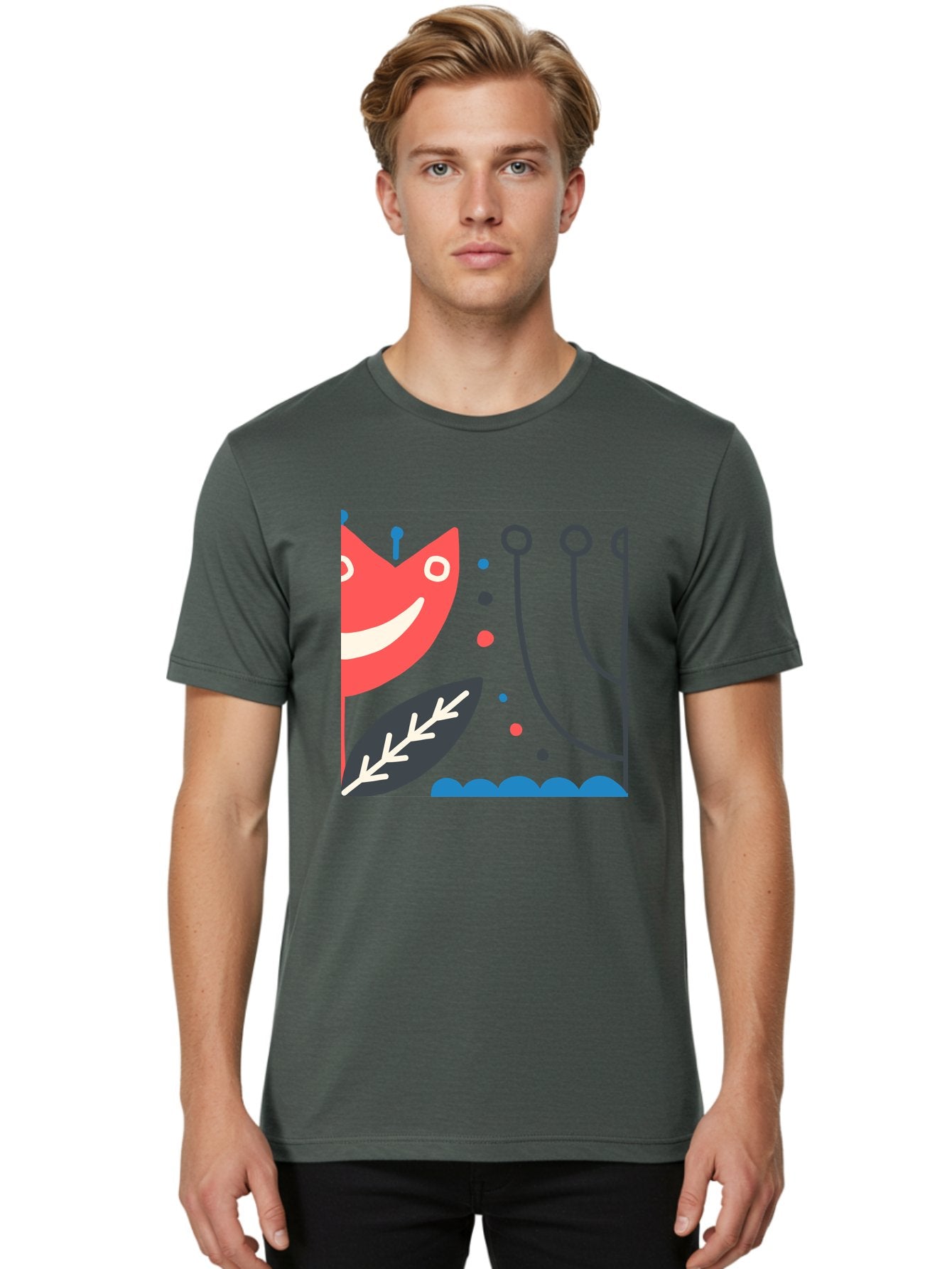 Cat-Face-Leaf Men'S Graphic Tee, 100% Cotton, Comfortable Casual Summer Wear, Machine Washable, Smiling Face, Cartoon Character, Whimsical Design, Abstract Shapes, Playful Atmosphere, Black Leaf, White Details, Multi-Colored Dots, Aab678 25