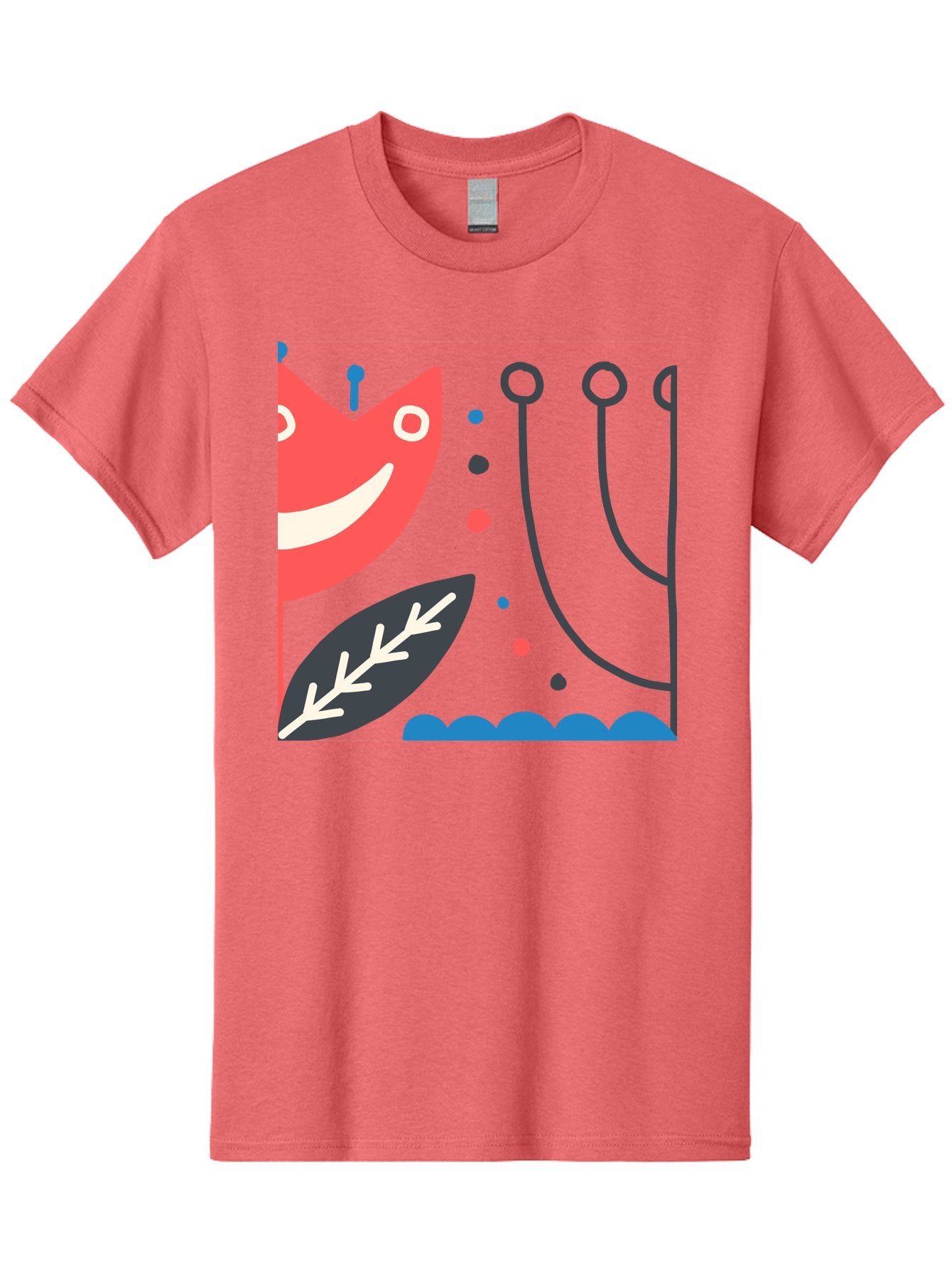 Cat-Face-Leaf Men'S Graphic Tee, 100% Cotton, Comfortable Casual Summer Wear, Machine Washable, Smiling Face, Cartoon Character, Whimsical Design, Abstract Shapes, Playful Atmosphere, Black Leaf, White Details, Multi-Colored Dots, Aab678