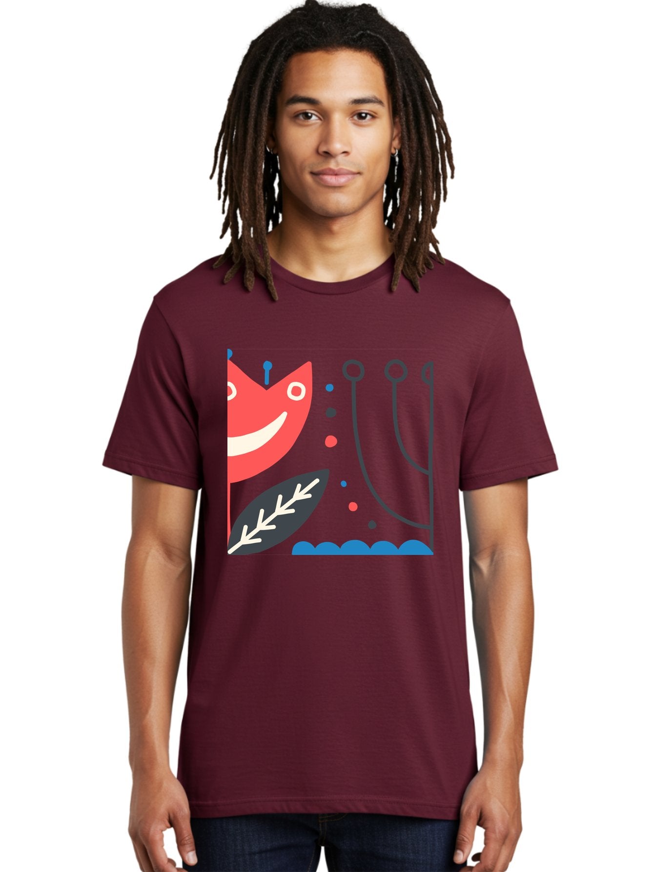 Cat-Face-Leaf Men'S Graphic Tee, 100% Cotton, Comfortable Casual Summer Wear, Machine Washable, Smiling Face, Cartoon Character, Whimsical Design, Abstract Shapes, Playful Atmosphere, Black Leaf, White Details, Multi-Colored Dots, Aab678 29