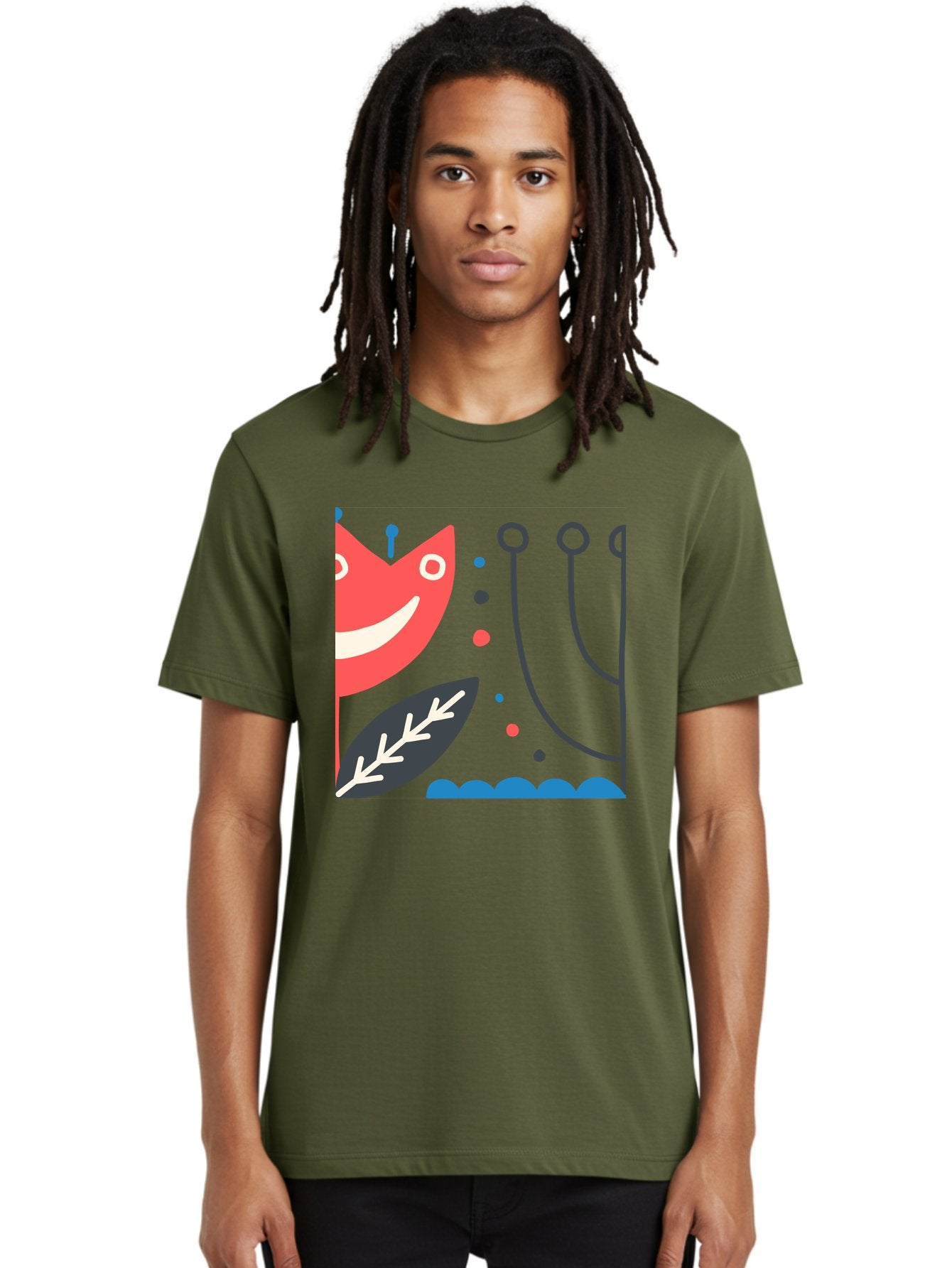 Cat-Face-Leaf Men'S Graphic Tee, 100% Cotton, Comfortable Casual Summer Wear, Machine Washable, Smiling Face, Cartoon Character, Whimsical Design, Abstract Shapes, Playful Atmosphere, Black Leaf, White Details, Multi-Colored Dots, Aab678 22