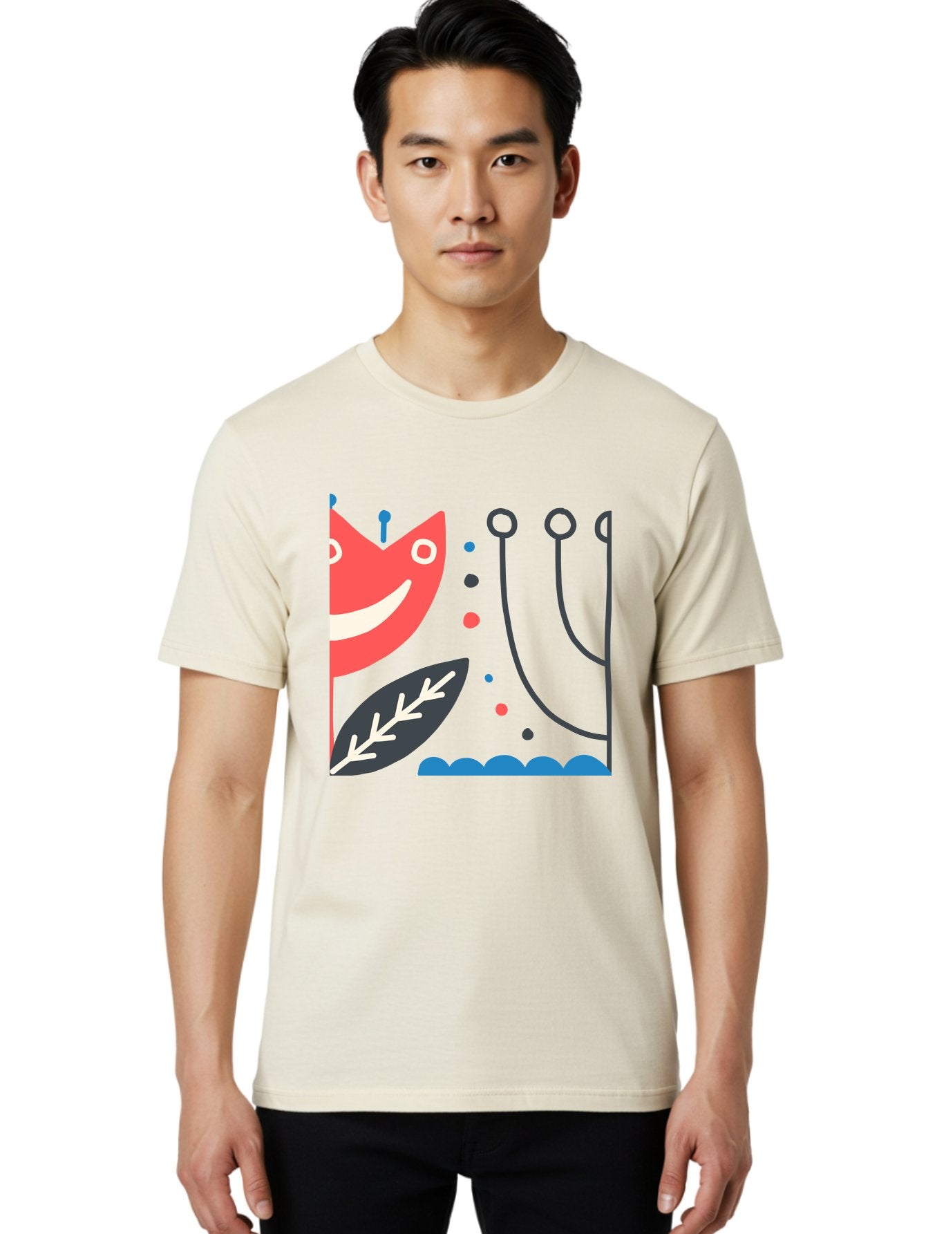 Cat-Face-Leaf Men'S Graphic Tee, 100% Cotton, Comfortable Casual Summer Wear, Machine Washable, Smiling Face, Cartoon Character, Whimsical Design, Abstract Shapes, Playful Atmosphere, Black Leaf, White Details, Multi-Colored Dots, Aab678 26