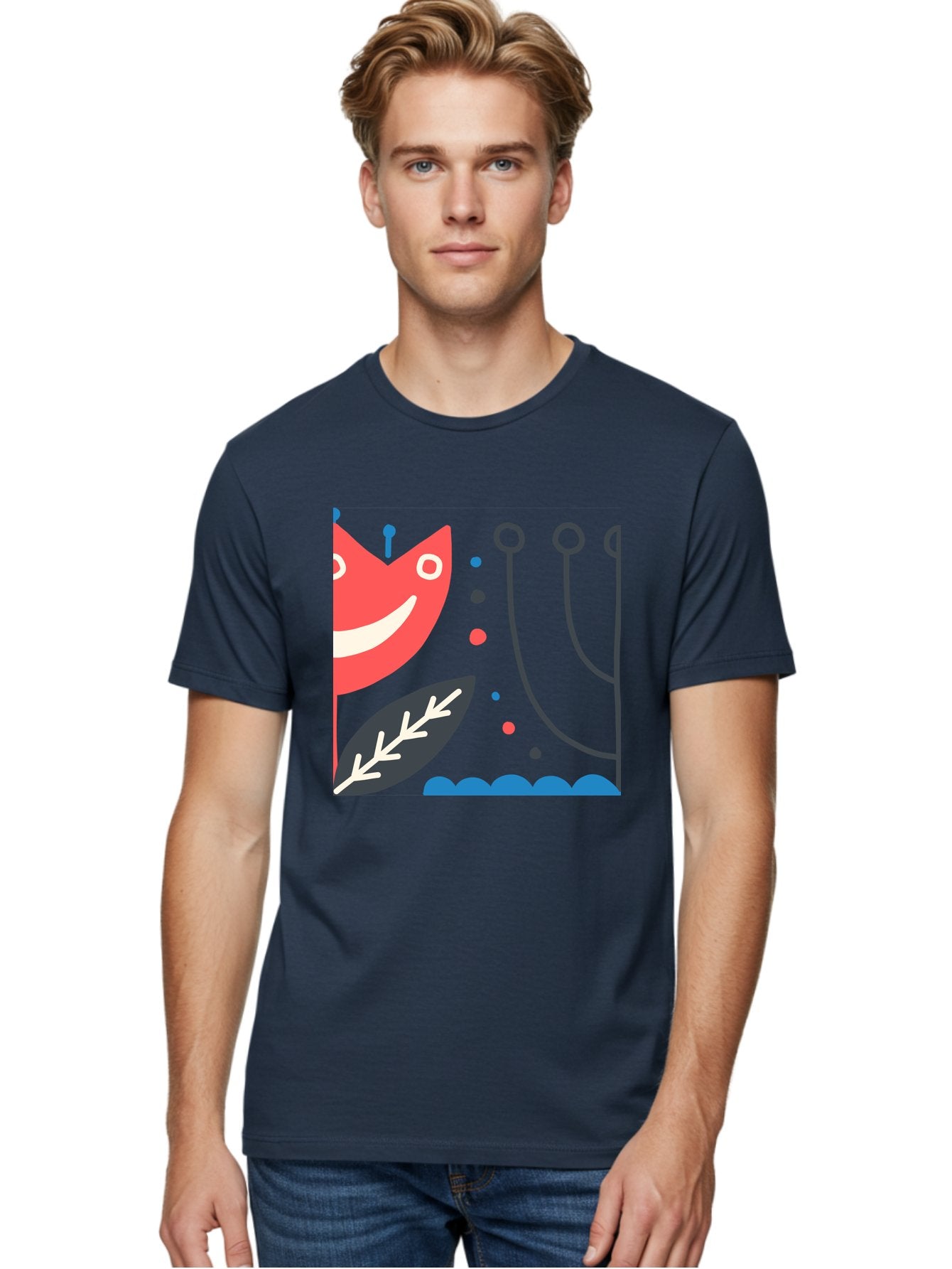 Cat-Face-Leaf Men'S Graphic Tee, 100% Cotton, Comfortable Casual Summer Wear, Machine Washable, Smiling Face, Cartoon Character, Whimsical Design, Abstract Shapes, Playful Atmosphere, Black Leaf, White Details, Multi-Colored Dots, Aab678 20