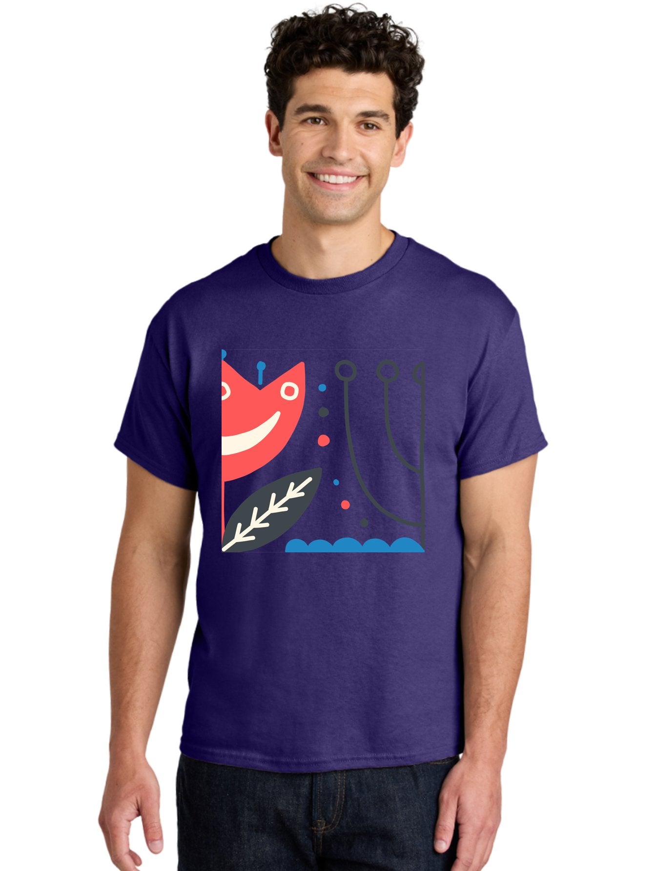 Cat-Face-Leaf Men'S Graphic Tee, 100% Cotton, Comfortable Casual Summer Wear, Machine Washable, Smiling Face, Cartoon Character, Whimsical Design, Abstract Shapes, Playful Atmosphere, Black Leaf, White Details, Multi-Colored Dots, Aab678 28