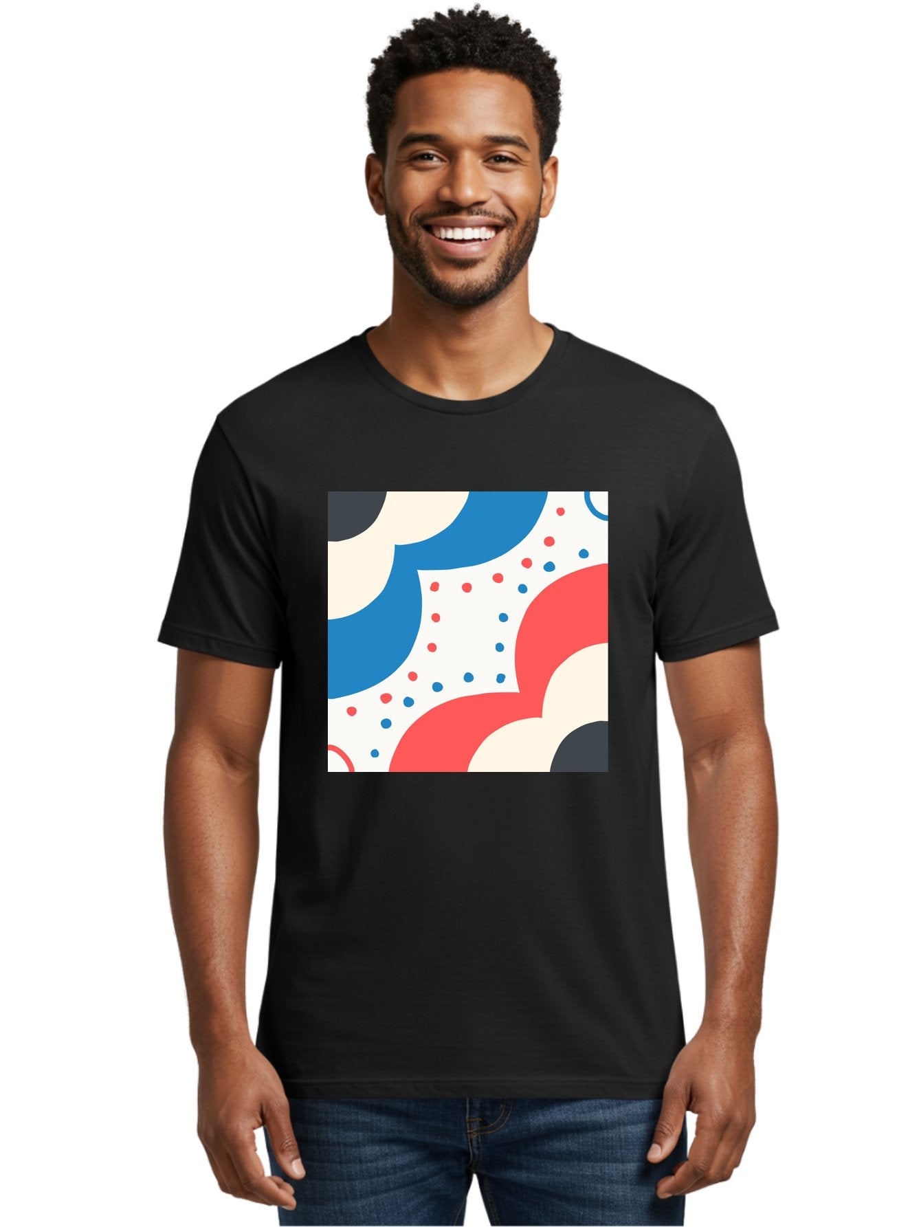 Colorful-Floral-Pattern Men'S Graphic Tee, 100% Cotton, Comfortable Casual Summer Wear, Machine Washable, Geometric Shapes, Abstract Design, Colorful Patterns, Blue Red Black White, Modern Art, Creative Graphics, Dynamic Layout, Aab680 27