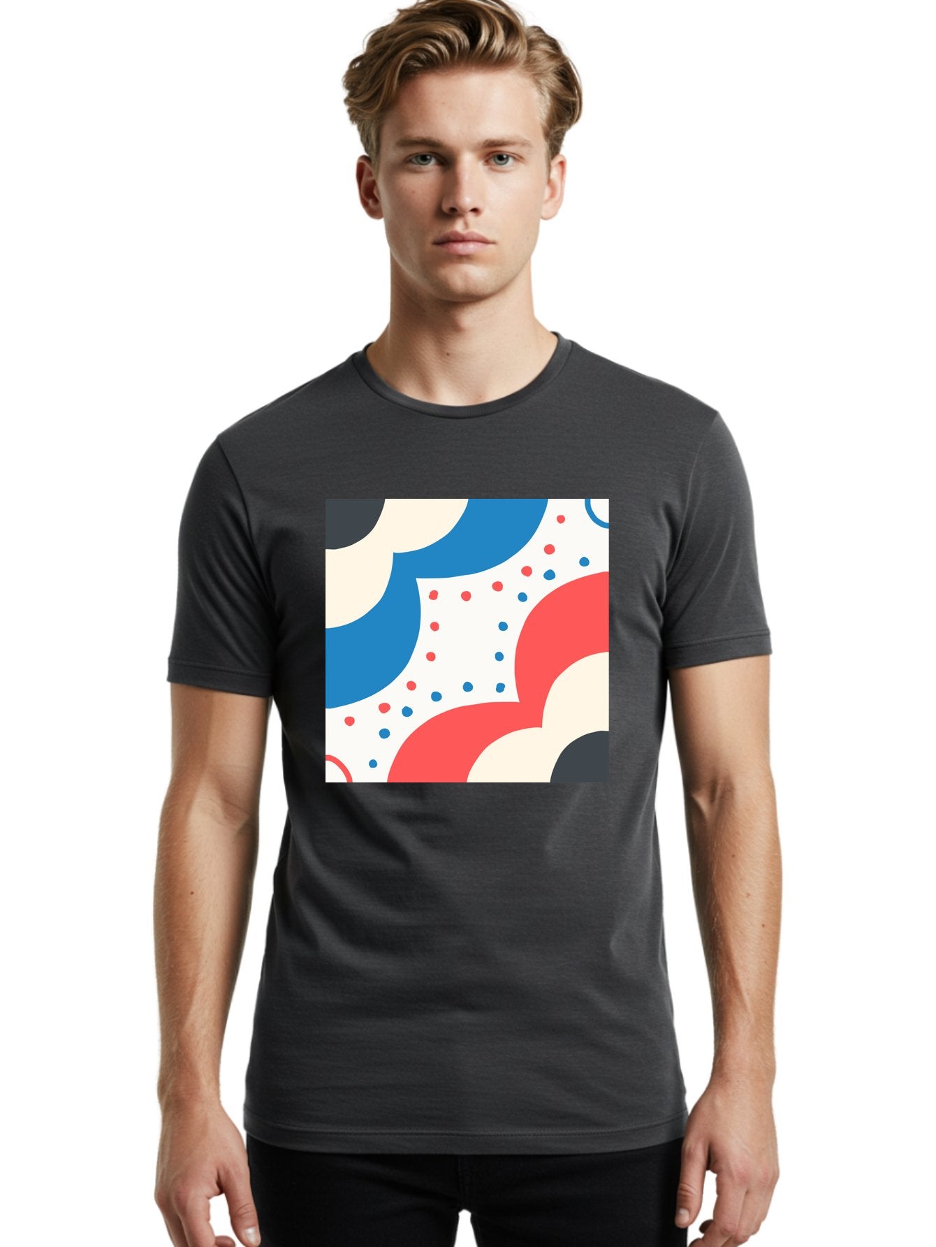 Colorful-Floral-Pattern Men'S Graphic Tee, 100% Cotton, Comfortable Casual Summer Wear, Machine Washable, Geometric Shapes, Abstract Design, Colorful Patterns, Blue Red Black White, Modern Art, Creative Graphics, Dynamic Layout, Aab680 21