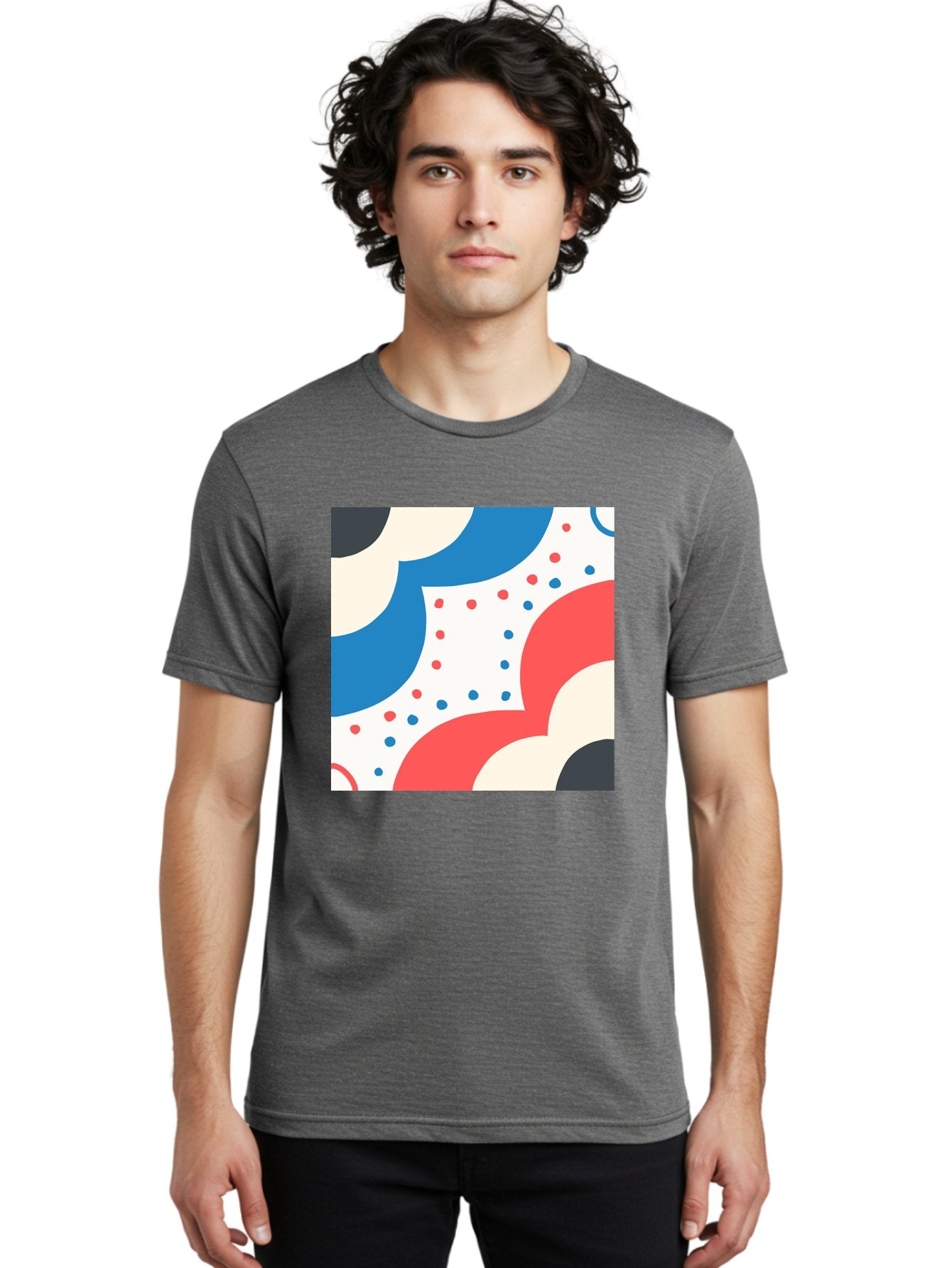 Colorful-Floral-Pattern Men'S Graphic Tee, 100% Cotton, Comfortable Casual Summer Wear, Machine Washable, Geometric Shapes, Abstract Design, Colorful Patterns, Blue Red Black White, Modern Art, Creative Graphics, Dynamic Layout, Aab680 30