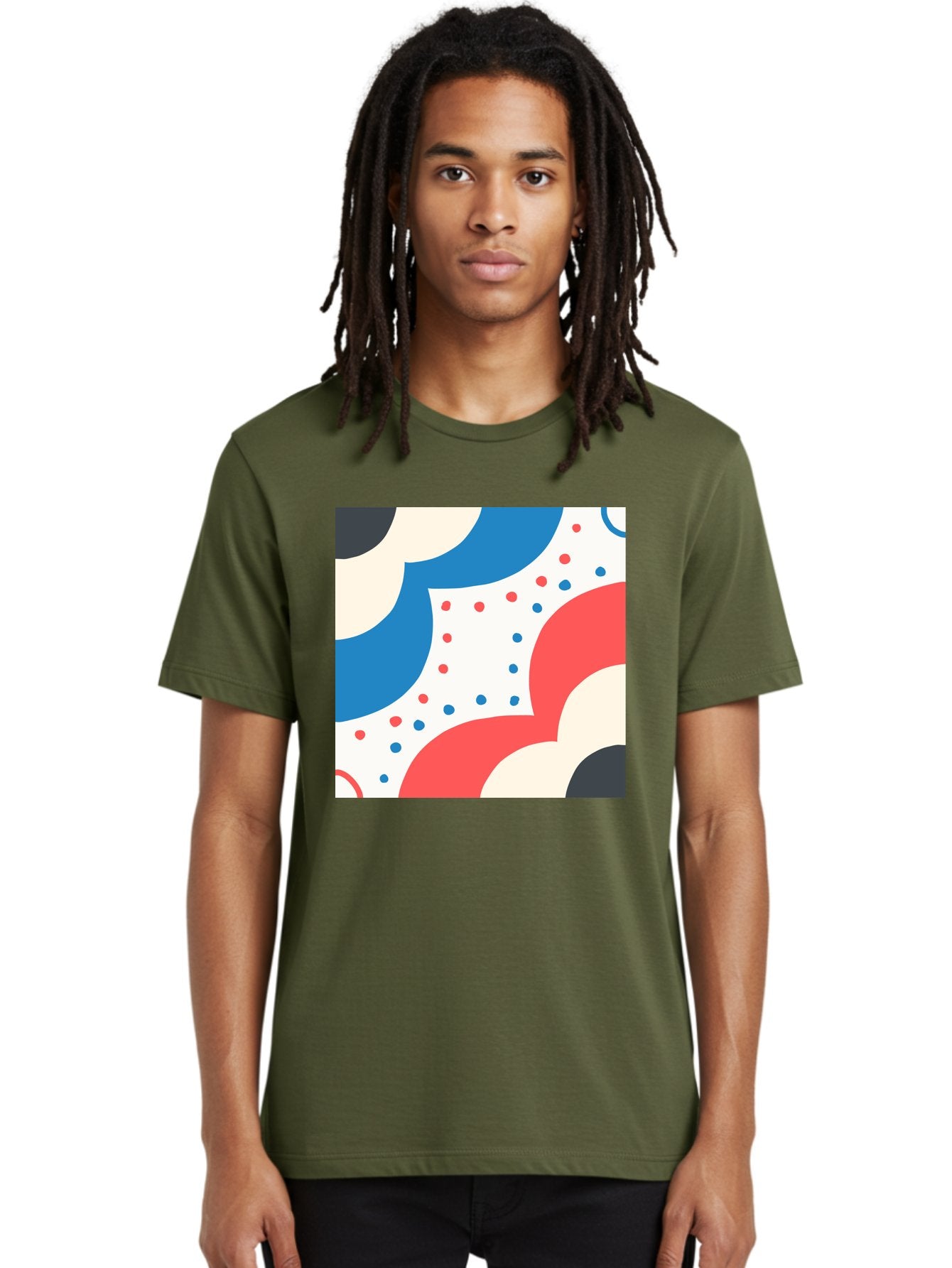 Colorful-Floral-Pattern Men'S Graphic Tee, 100% Cotton, Comfortable Casual Summer Wear, Machine Washable, Geometric Shapes, Abstract Design, Colorful Patterns, Blue Red Black White, Modern Art, Creative Graphics, Dynamic Layout, Aab680 23