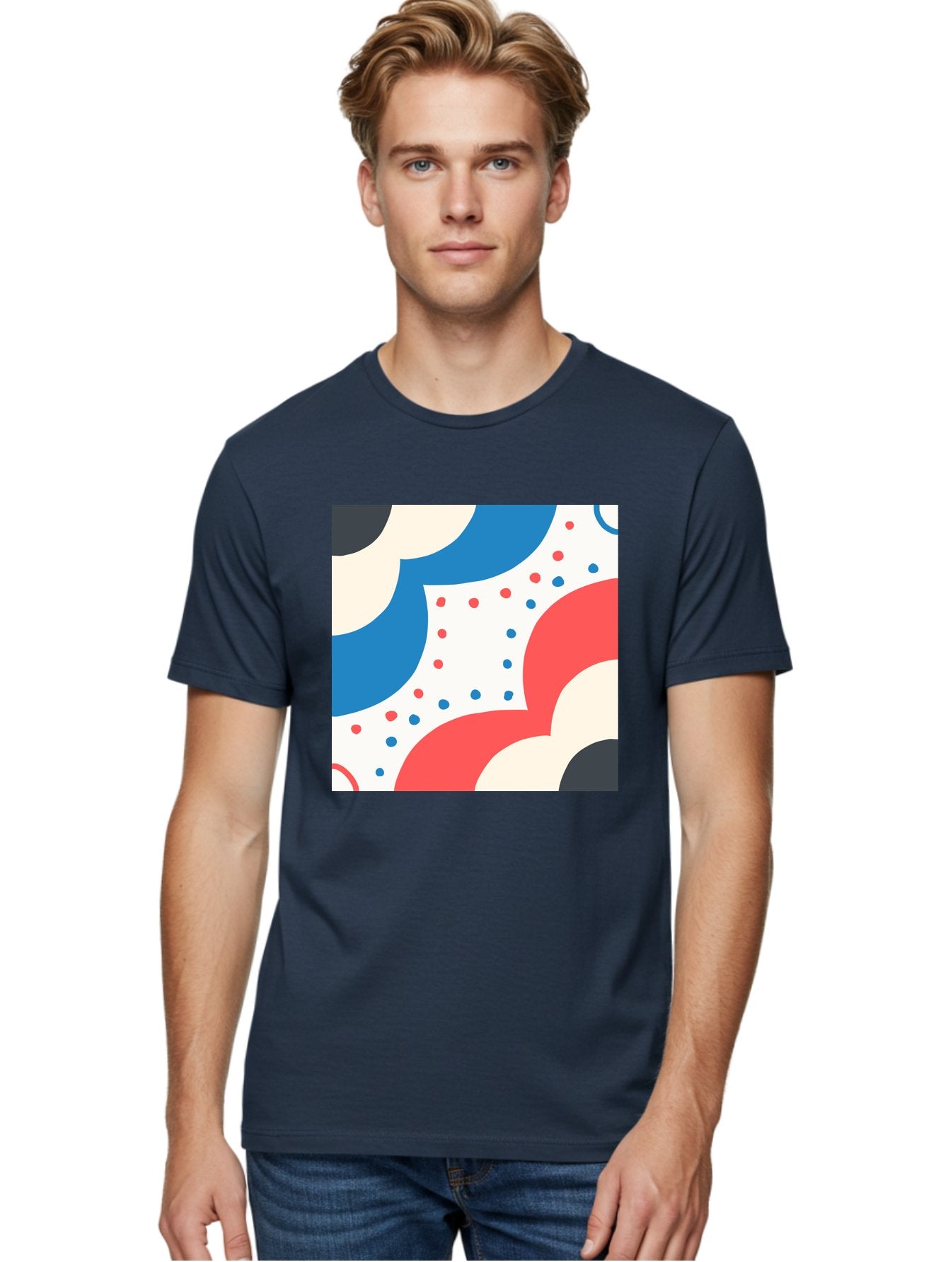 Colorful-Floral-Pattern Men'S Graphic Tee, 100% Cotton, Comfortable Casual Summer Wear, Machine Washable, Geometric Shapes, Abstract Design, Colorful Patterns, Blue Red Black White, Modern Art, Creative Graphics, Dynamic Layout, Aab680 29