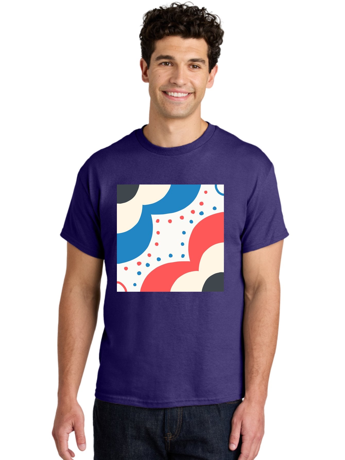 Colorful-Floral-Pattern Men'S Graphic Tee, 100% Cotton, Comfortable Casual Summer Wear, Machine Washable, Geometric Shapes, Abstract Design, Colorful Patterns, Blue Red Black White, Modern Art, Creative Graphics, Dynamic Layout, Aab680 26