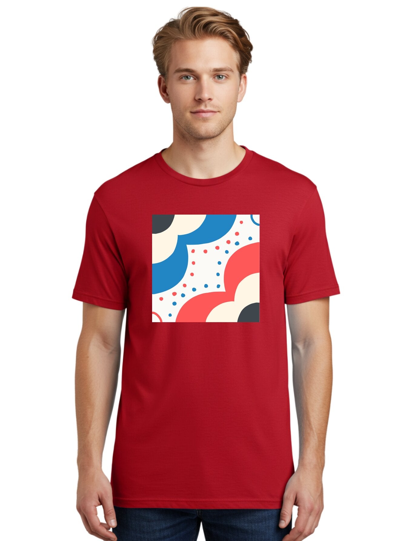 Colorful-Floral-Pattern Men'S Graphic Tee, 100% Cotton, Comfortable Casual Summer Wear, Machine Washable, Geometric Shapes, Abstract Design, Colorful Patterns, Blue Red Black White, Modern Art, Creative Graphics, Dynamic Layout, Aab680 20