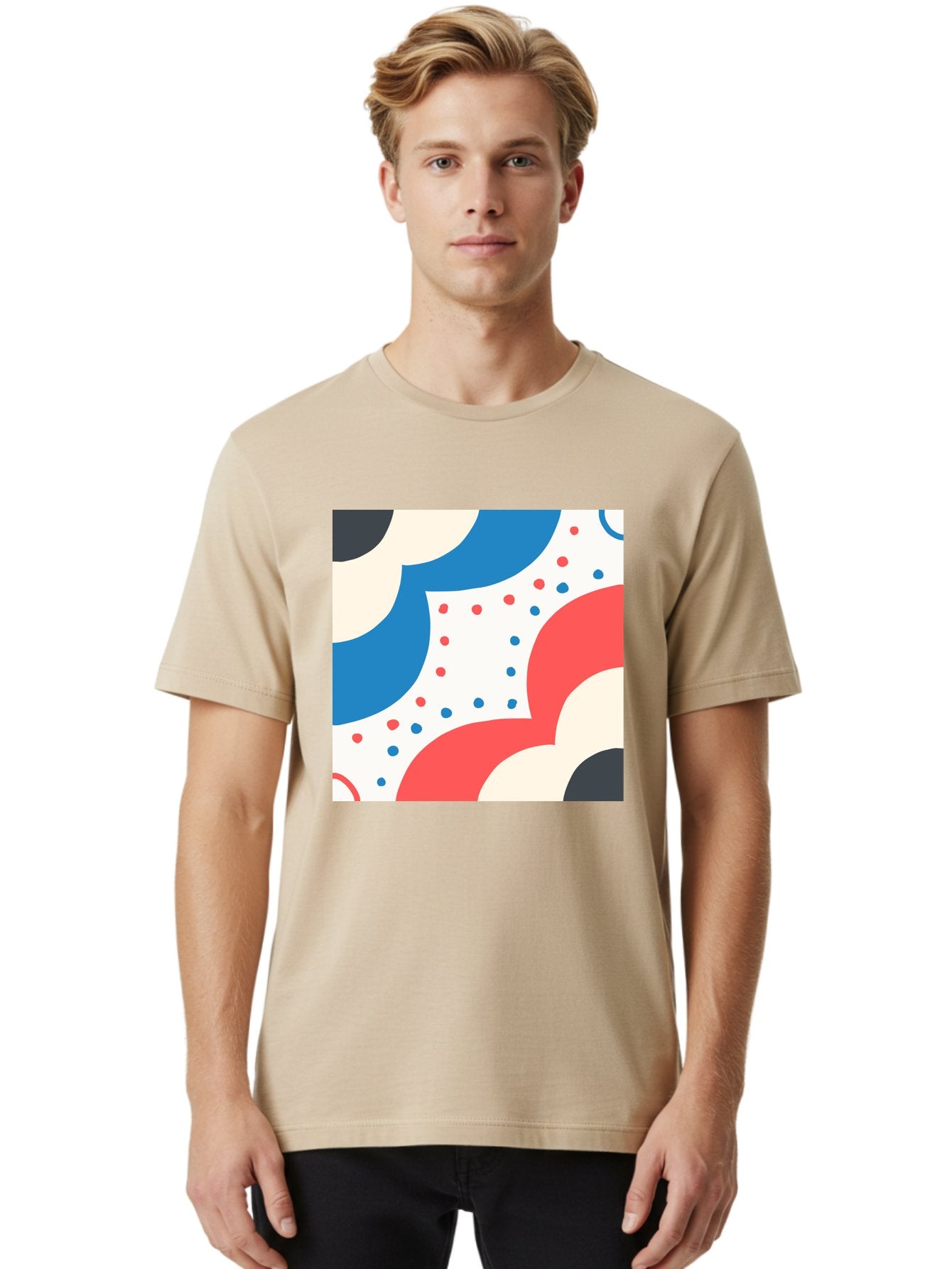 Colorful-Floral-Pattern Men'S Graphic Tee, 100% Cotton, Comfortable Casual Summer Wear, Machine Washable, Geometric Shapes, Abstract Design, Colorful Patterns, Blue Red Black White, Modern Art, Creative Graphics, Dynamic Layout, Aab680 22