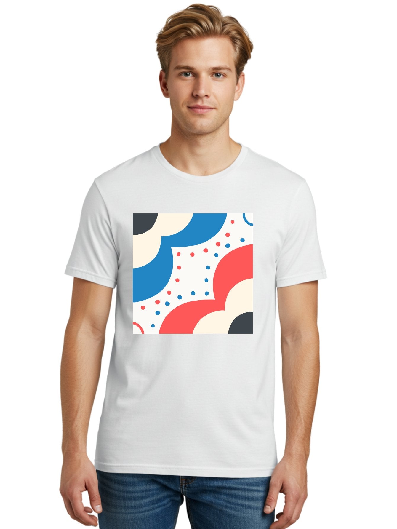 Colorful-Floral-Pattern Men'S Graphic Tee, 100% Cotton, Comfortable Casual Summer Wear, Machine Washable, Geometric Shapes, Abstract Design, Colorful Patterns, Blue Red Black White, Modern Art, Creative Graphics, Dynamic Layout, Aab680 16