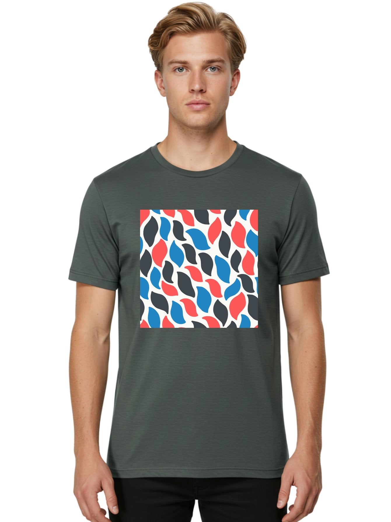 Colorful-Leaves-Pattern Men'S Graphic Tee, 100% Cotton, Comfortable Casual Summer Wear, Machine Washable, Multicolored Leaf Pattern, Red Blue Black Leaves, Abstract Design, Colorful Shapes, Leaf Motifs, Graphic Elements, Vibrant Hues, Aab681 25