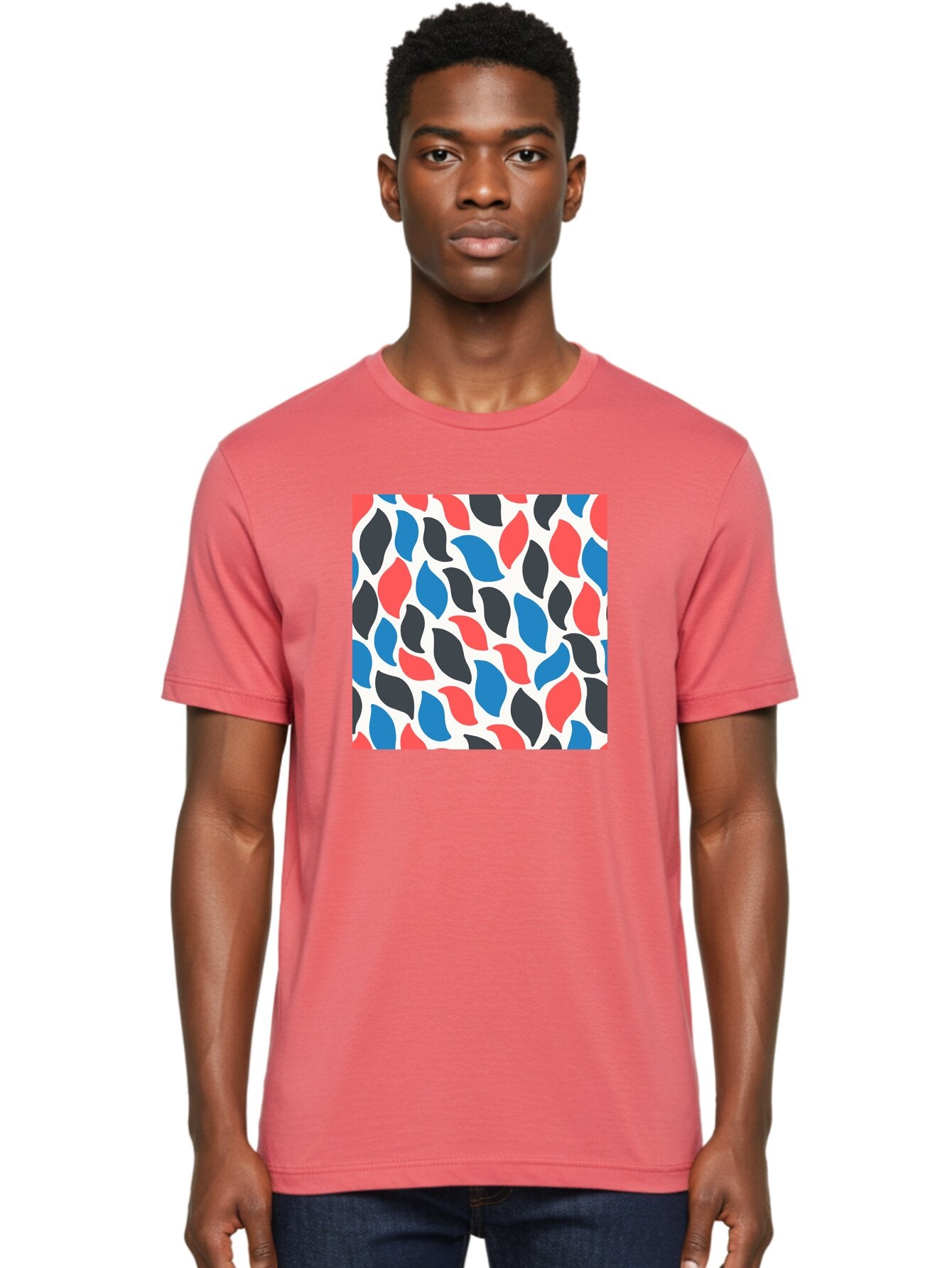 Colorful-Leaves-Pattern Men'S Graphic Tee, 100% Cotton, Comfortable Casual Summer Wear, Machine Washable, Multicolored Leaf Pattern, Red Blue Black Leaves, Abstract Design, Colorful Shapes, Leaf Motifs, Graphic Elements, Vibrant Hues, Aab681 29