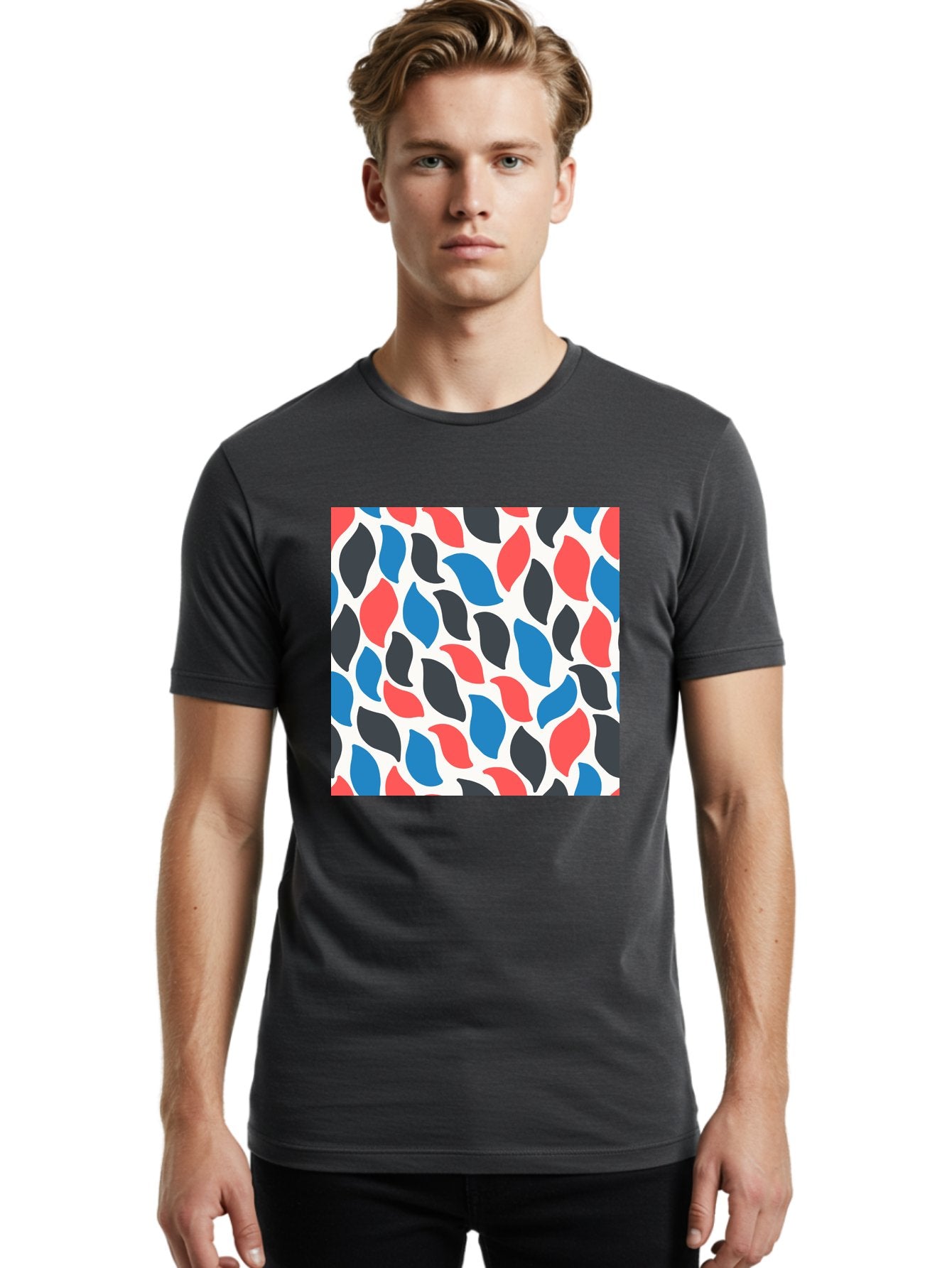 Colorful-Leaves-Pattern Men'S Graphic Tee, 100% Cotton, Comfortable Casual Summer Wear, Machine Washable, Multicolored Leaf Pattern, Red Blue Black Leaves, Abstract Design, Colorful Shapes, Leaf Motifs, Graphic Elements, Vibrant Hues, Aab681 24