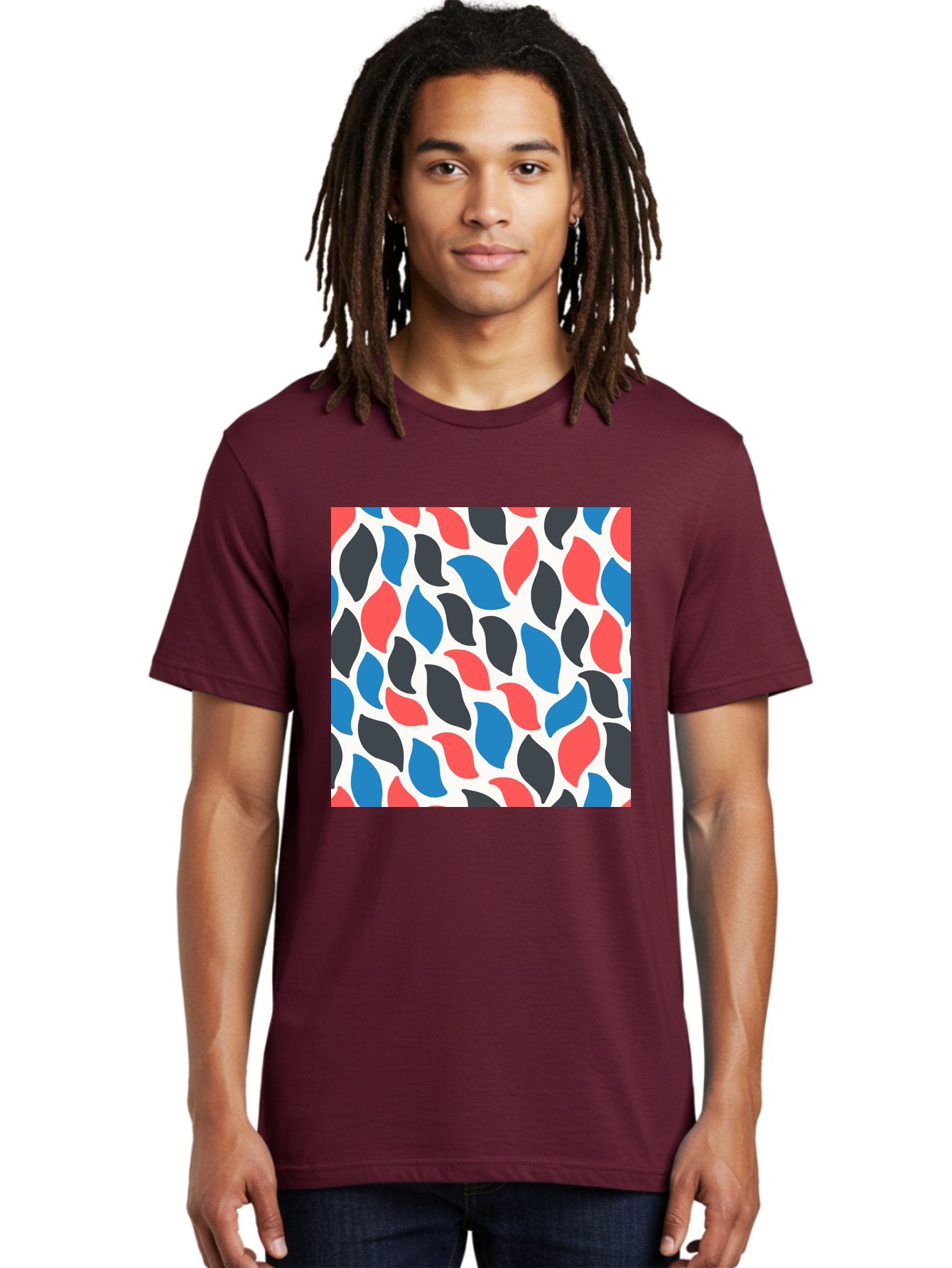 Colorful-Leaves-Pattern Men'S Graphic Tee, 100% Cotton, Comfortable Casual Summer Wear, Machine Washable, Multicolored Leaf Pattern, Red Blue Black Leaves, Abstract Design, Colorful Shapes, Leaf Motifs, Graphic Elements, Vibrant Hues, Aab681 22