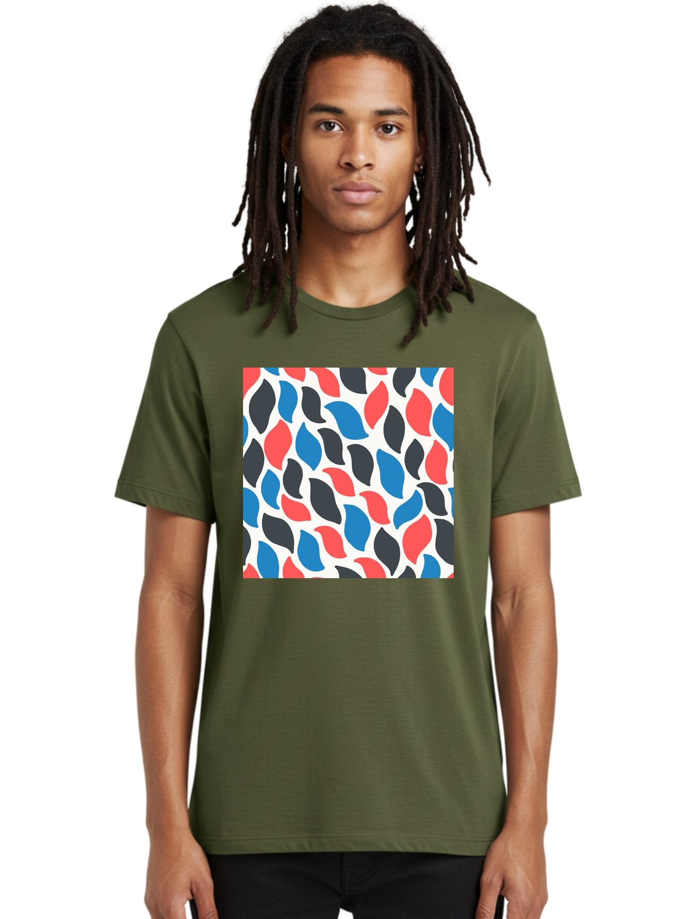 Colorful-Leaves-Pattern Men'S Graphic Tee, 100% Cotton, Comfortable Casual Summer Wear, Machine Washable, Multicolored Leaf Pattern, Red Blue Black Leaves, Abstract Design, Colorful Shapes, Leaf Motifs, Graphic Elements, Vibrant Hues, Aab681 20