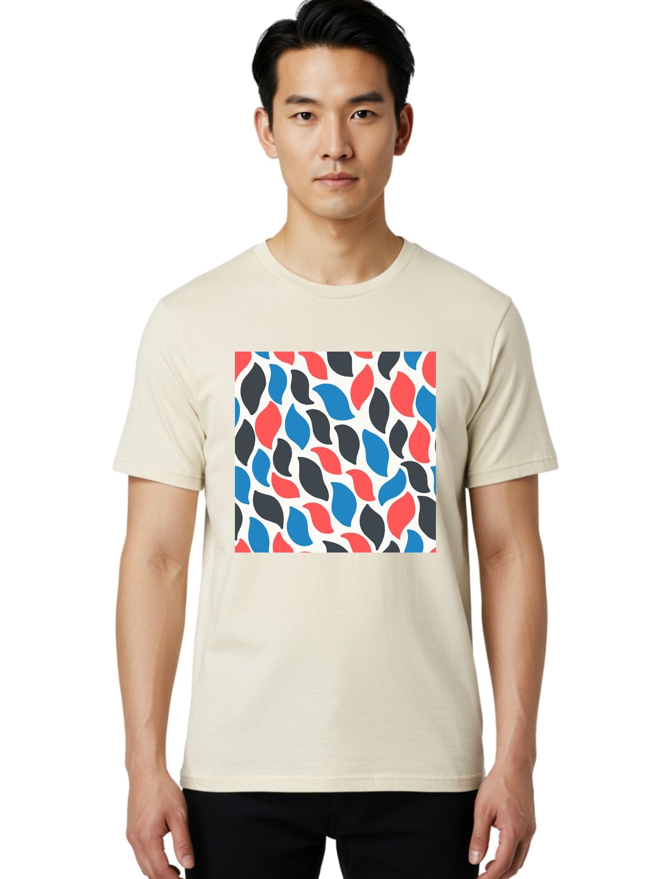 Colorful-Leaves-Pattern Men'S Graphic Tee, 100% Cotton, Comfortable Casual Summer Wear, Machine Washable, Multicolored Leaf Pattern, Red Blue Black Leaves, Abstract Design, Colorful Shapes, Leaf Motifs, Graphic Elements, Vibrant Hues, Aab681 18