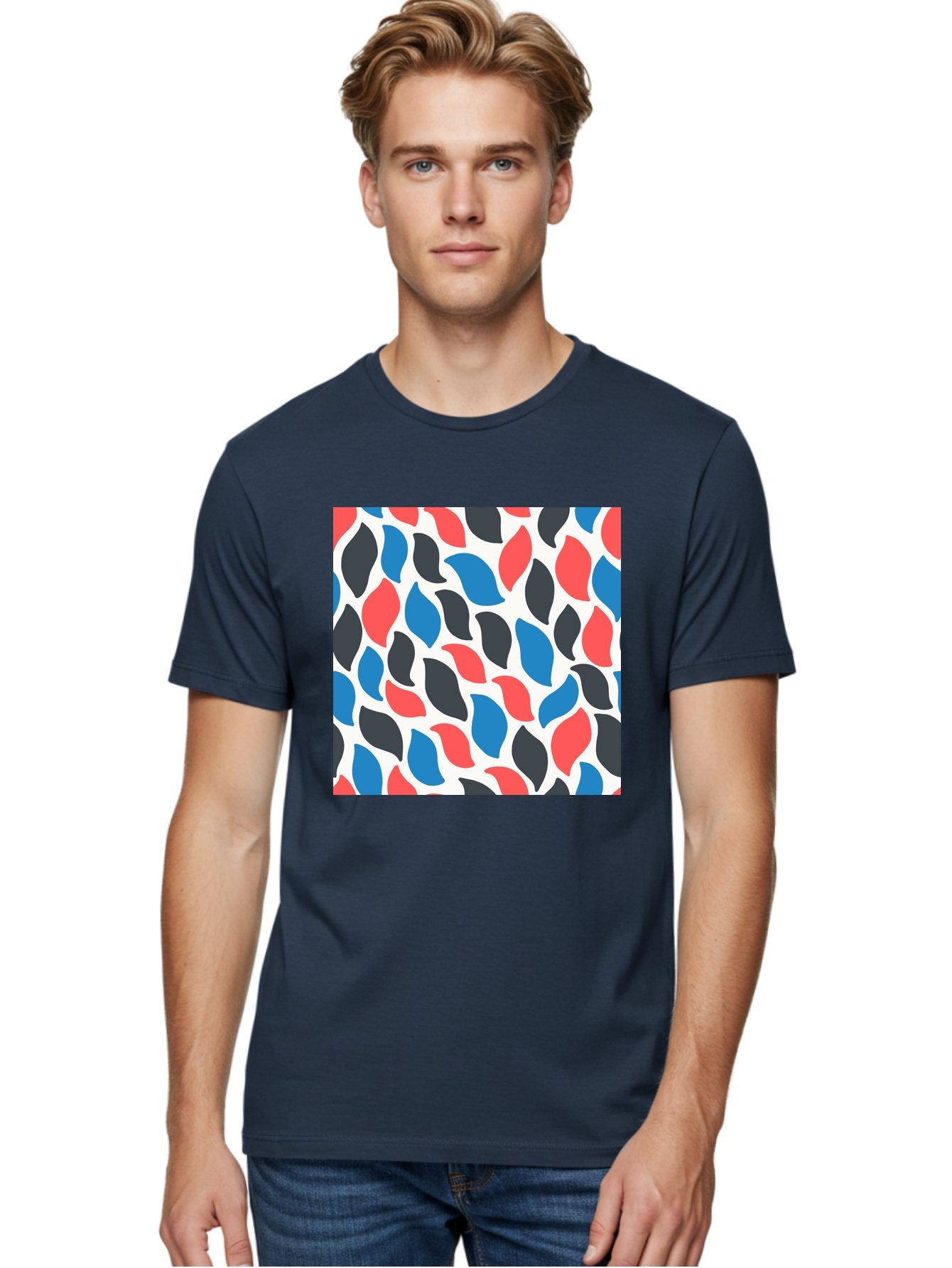 Colorful-Leaves-Pattern Men'S Graphic Tee, 100% Cotton, Comfortable Casual Summer Wear, Machine Washable, Multicolored Leaf Pattern, Red Blue Black Leaves, Abstract Design, Colorful Shapes, Leaf Motifs, Graphic Elements, Vibrant Hues, Aab681 16
