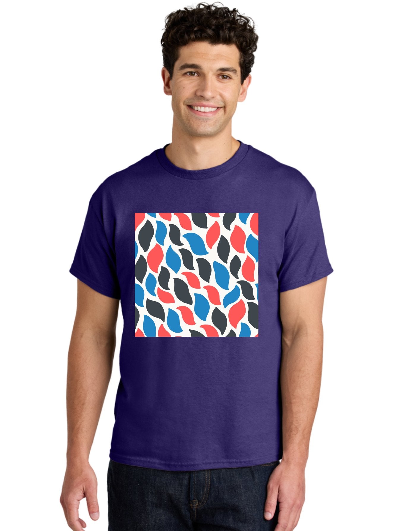 Colorful-Leaves-Pattern Men'S Graphic Tee, 100% Cotton, Comfortable Casual Summer Wear, Machine Washable, Multicolored Leaf Pattern, Red Blue Black Leaves, Abstract Design, Colorful Shapes, Leaf Motifs, Graphic Elements, Vibrant Hues, Aab681 30