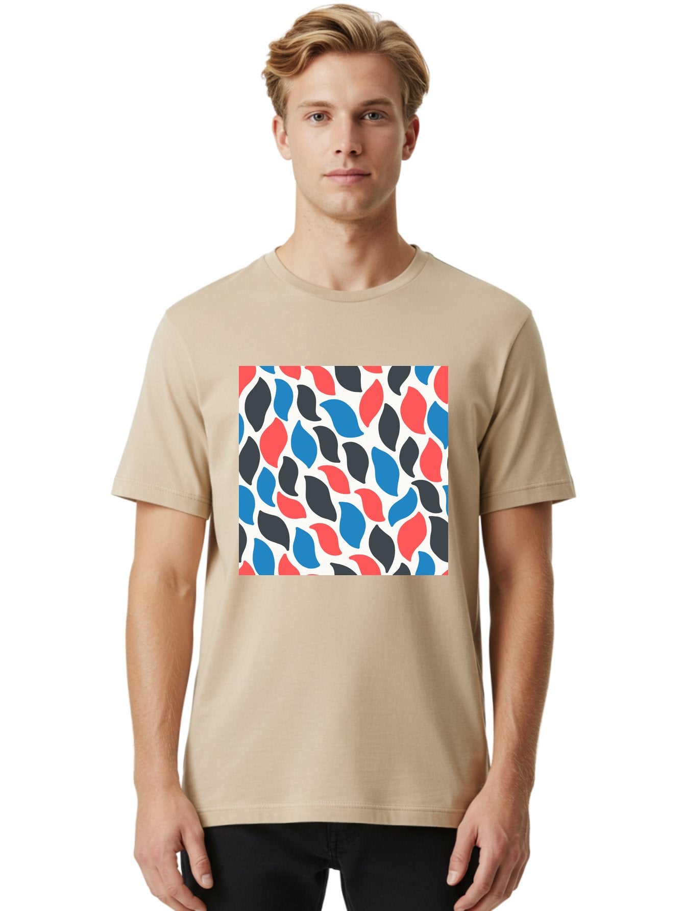 Colorful-Leaves-Pattern Men'S Graphic Tee, 100% Cotton, Comfortable Casual Summer Wear, Machine Washable, Multicolored Leaf Pattern, Red Blue Black Leaves, Abstract Design, Colorful Shapes, Leaf Motifs, Graphic Elements, Vibrant Hues, Aab681 27