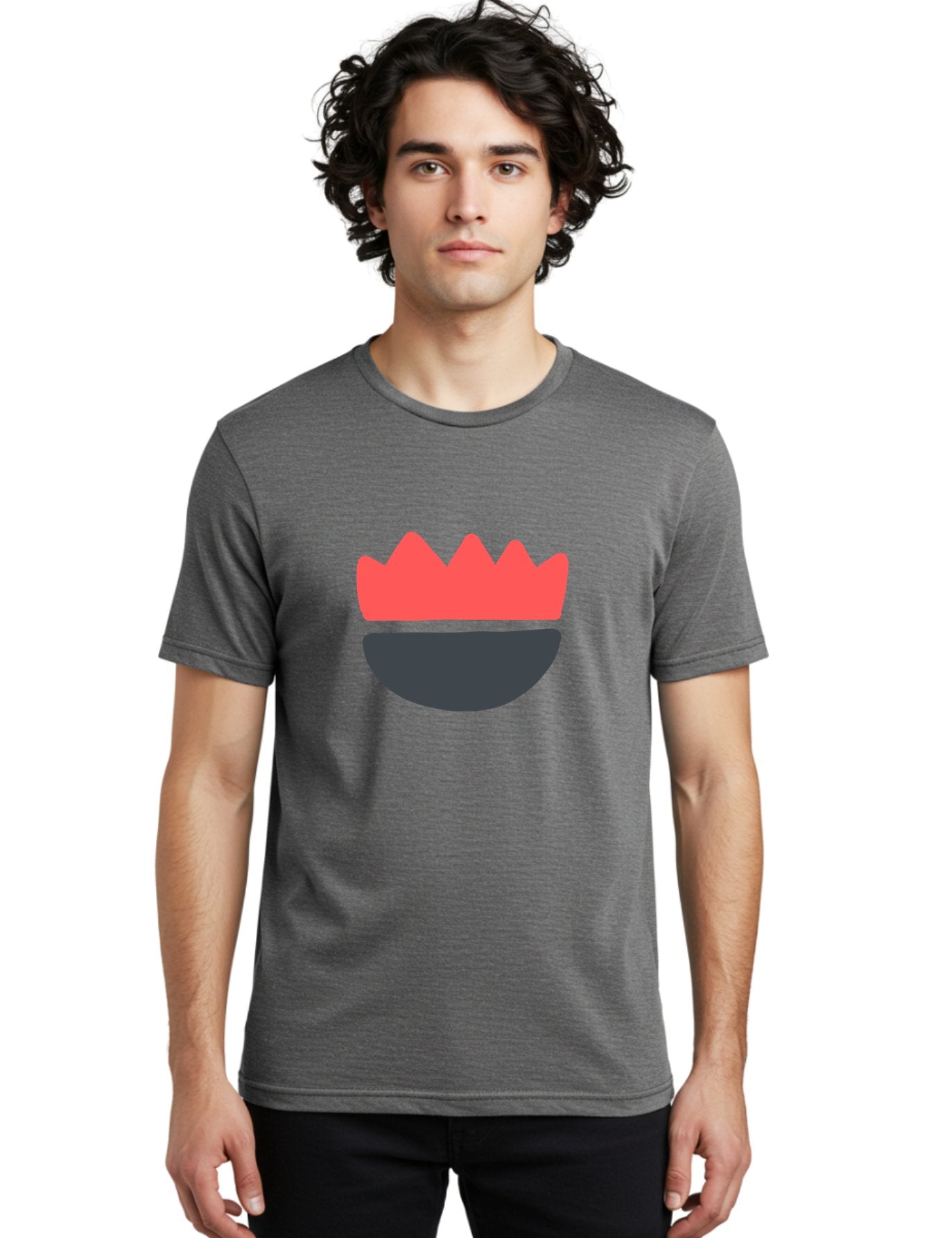Crown-Smiley Men'S Graphic Tee, 100% Cotton, Comfortable Casual Summer Wear, Machine Washable, Coral Crown, Dark Grey Bowl, Minimalist Design, Simple Shapes, Modern Aesthetic, Bold Colors Aab684 17